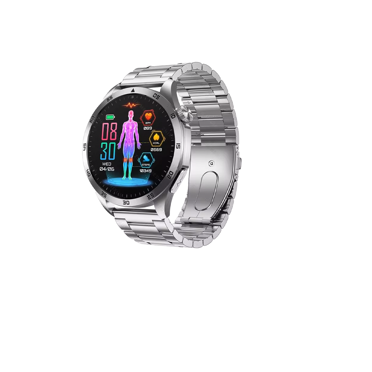 Silberne Smartwatch mit schwarzem Bildschirm, der Gesundheitsdaten anzeigt. Die Uhr ist auf Schwarz.