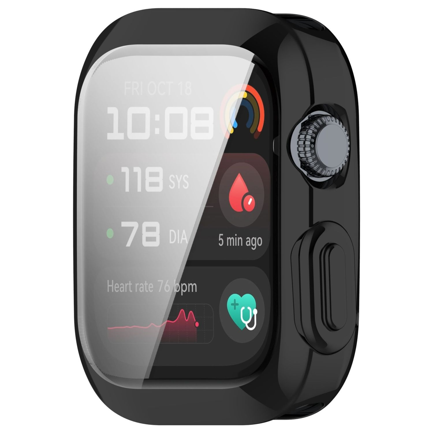 Schwarze Smartwatch mit Anzeige von Zeit, Gesundheitsdaten und Akku. Schwarzes Gehäuse um das Zifferblatt.