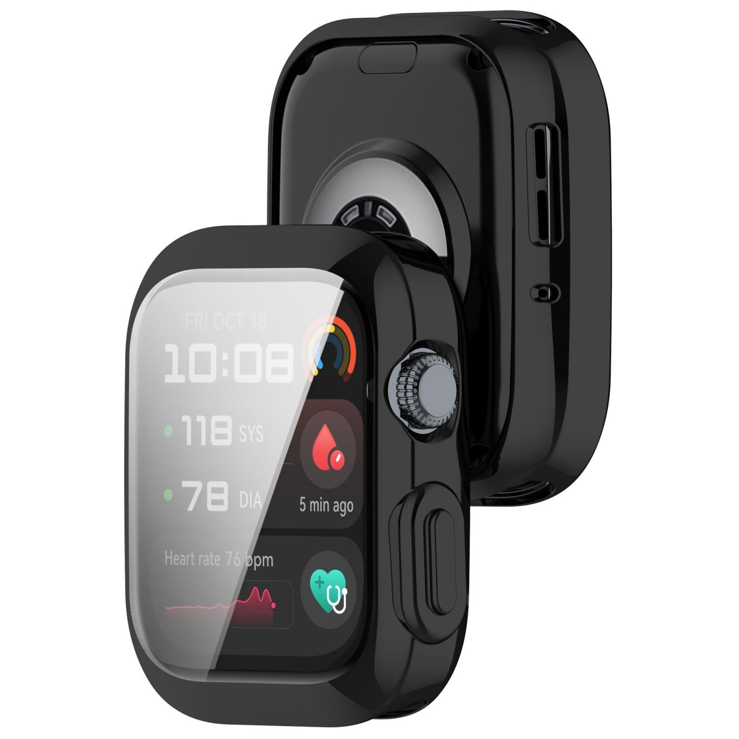 Schwarzes Smartwatch-Gehäuse mit transparentem Displayschutz. Das Zifferblatt zeigt Zeit, Herzfrequenz und mehr.