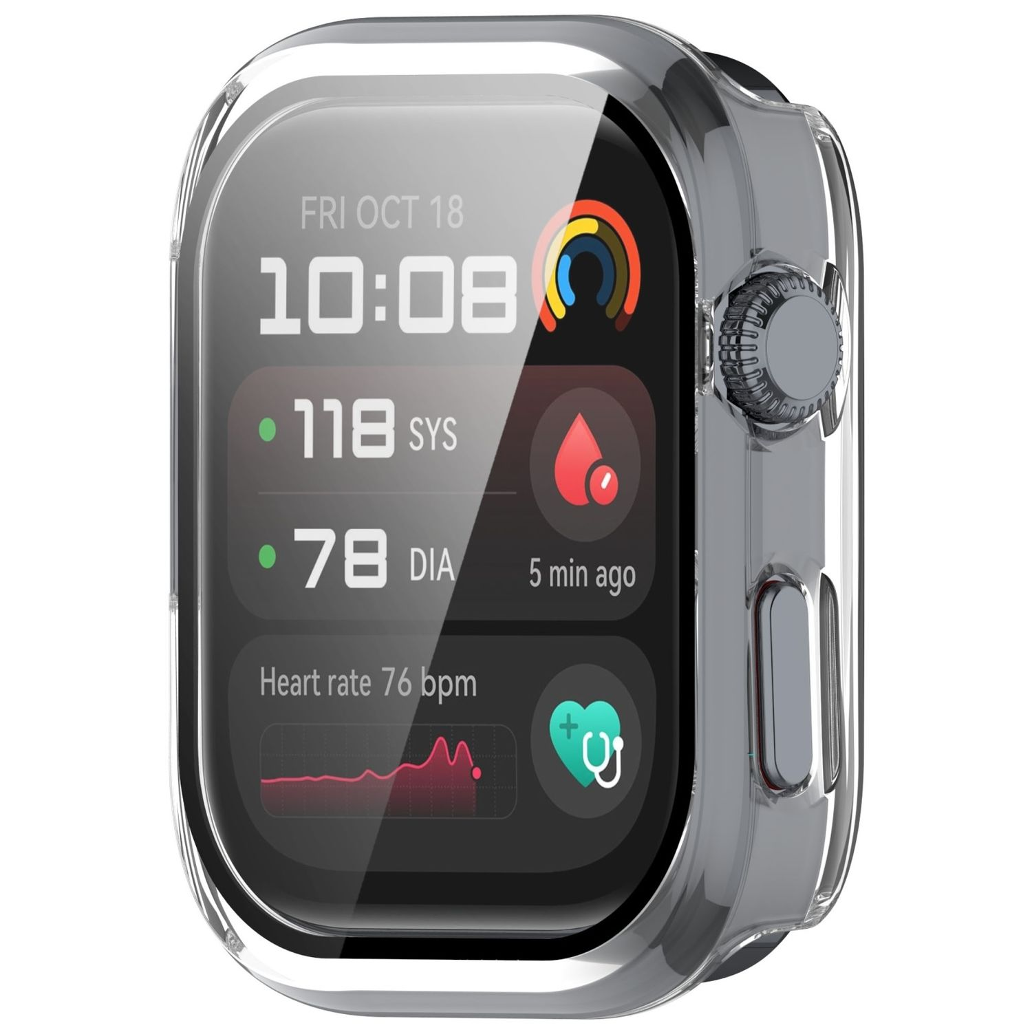 Smartwatch mit Gesundheitsmetriken auf dem Bildschirm, in transparentem Gehäuse. Weißer Hintergrund.