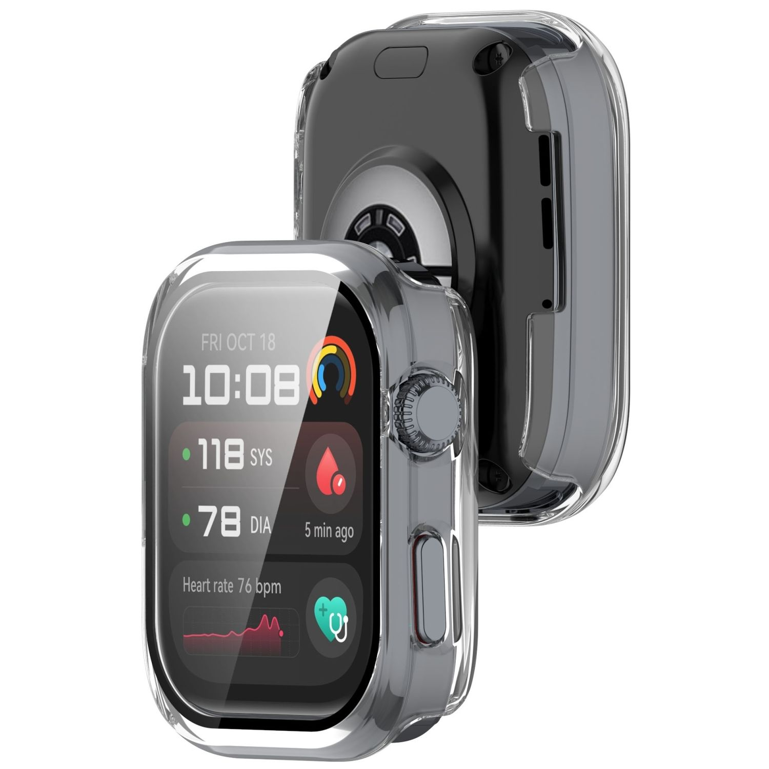 Eine Apple Watch in einer transparenten Schutzhülle, der Bildschirm zeigt Daten an.