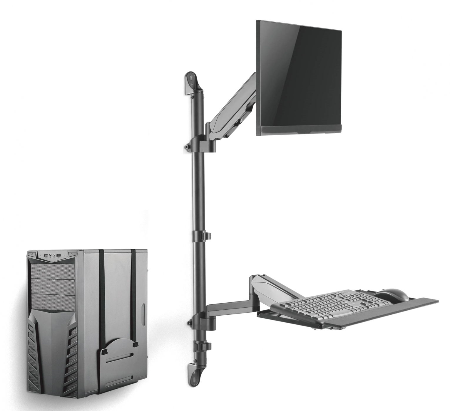 Computersysteem aan de muur gemonteerd. Inclusief monitor, toetsenbordlade en CPU-houder.