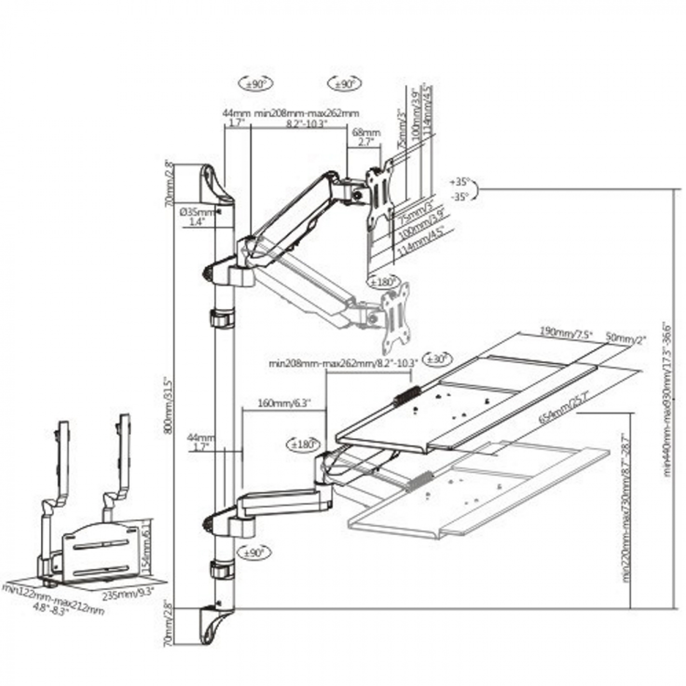 Technische tekening van een monitorarm. Toont afmetingen en hoeken.