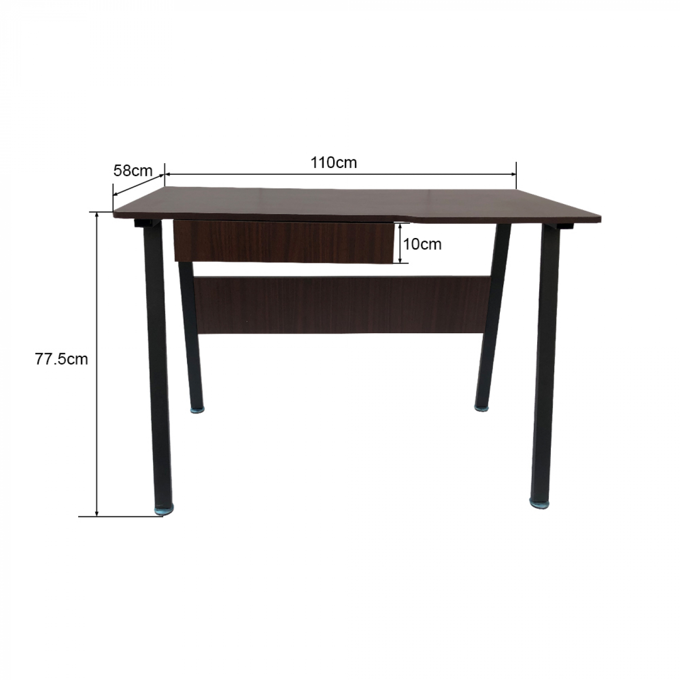 Houten bureau met een lade, zwarte poten en afmetingen: 110cm, 58cm, 77,5cm en 10cm.