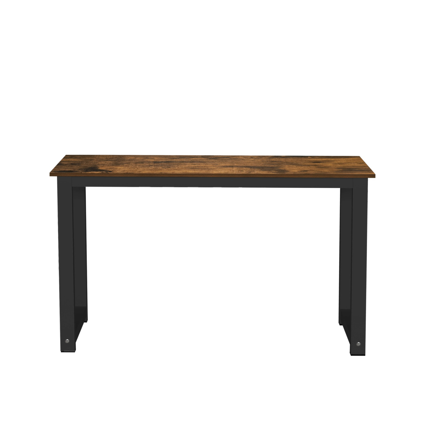 Brauner Holztisch mit schwarzen Beinen. Klares Design, weißer Hintergrund.