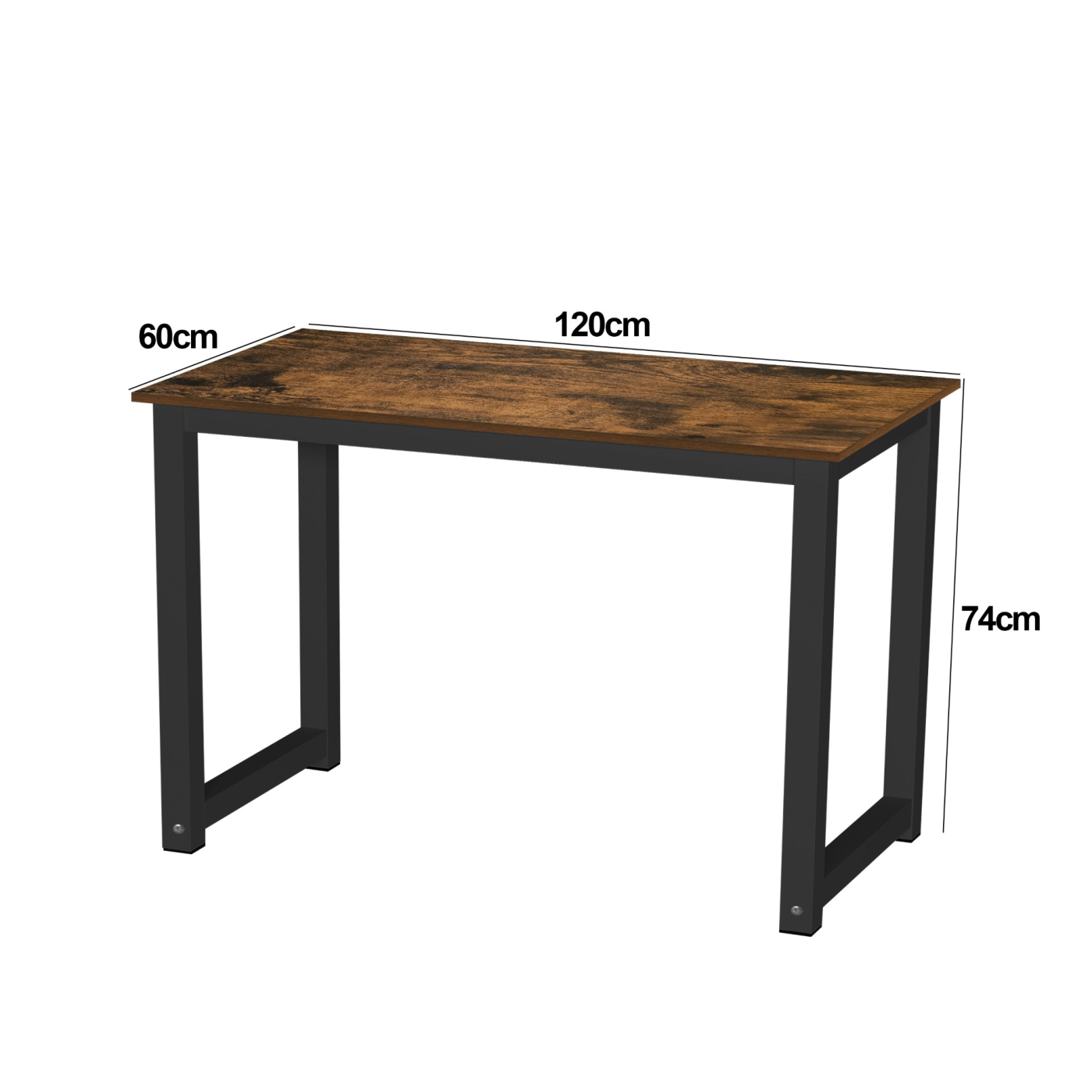 Ein brauner Holzschreibtisch mit schwarzen Beinen, Abmessungen sind 120 cm x 60 cm x 74 cm.
