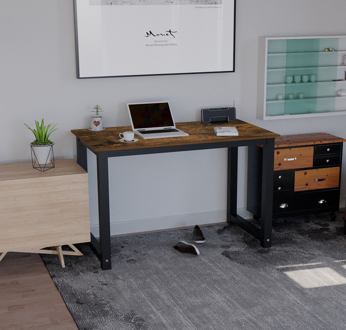 Ein Home-Office-Setup mit Schreibtisch, Laptop und Zubehör, mit Gemälde.