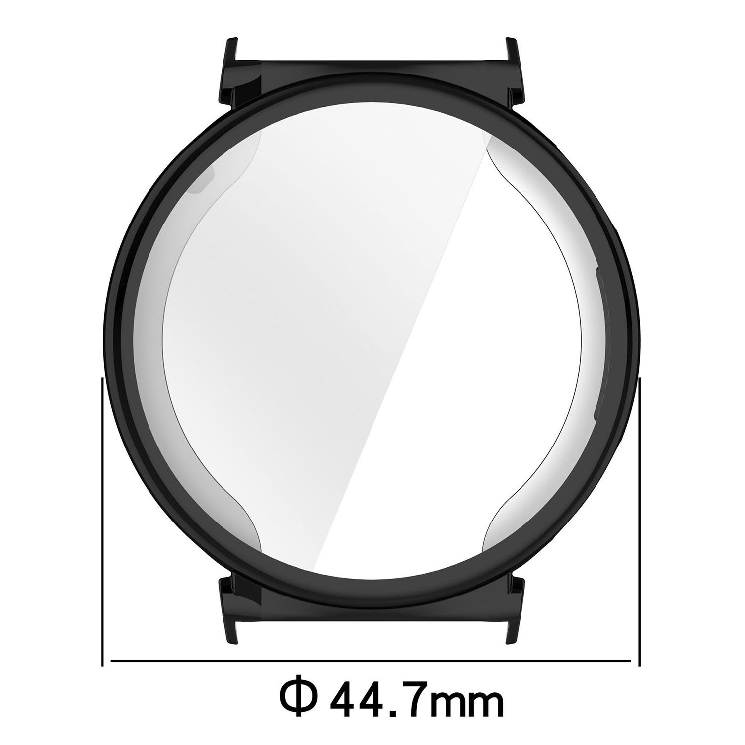 Schwarzer Smartwatch-Displayschutz mit transparentem Zentrum und 44,7 mm Durchmesser.