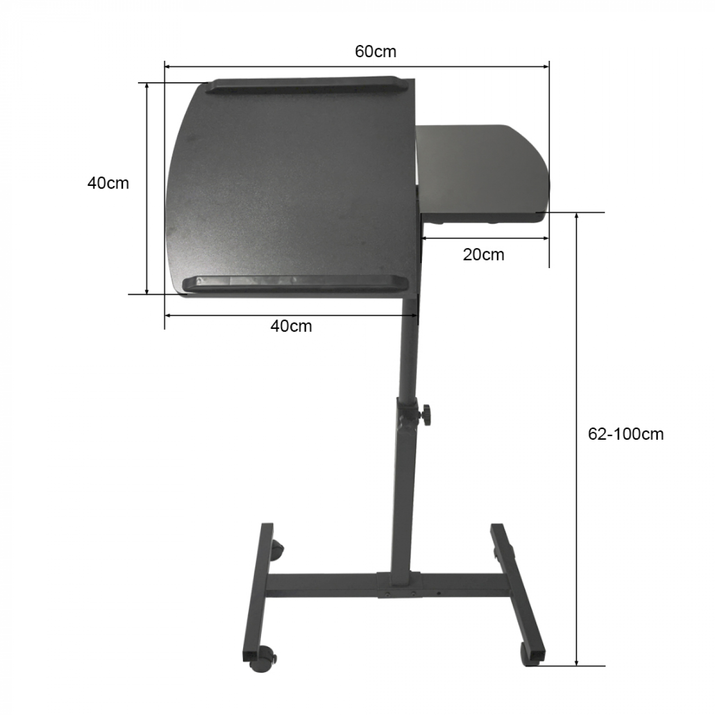 Ein schwarzer, verstellbarer Laptop-Tisch mit Maßen, inkl. Tischhöhe.