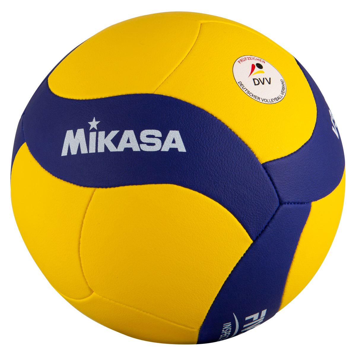 Pallavolo giallo e blu. Ha un logo Mikasa e la certificazione DVV.