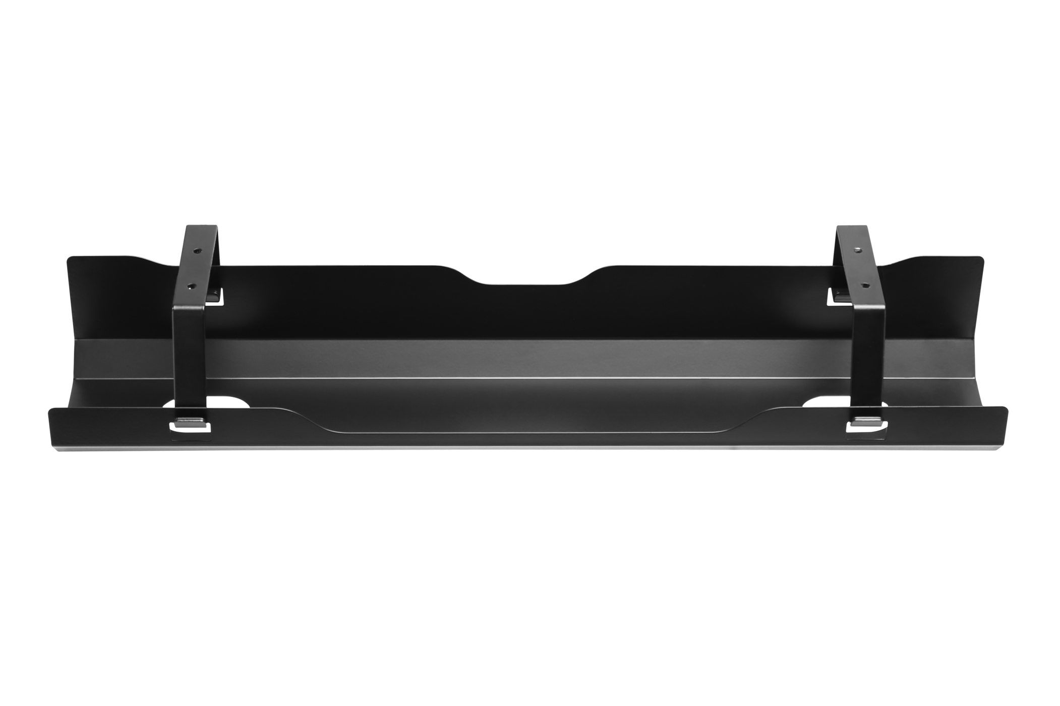 Zwart metalen rek met twee beugels. De plank is leeg.