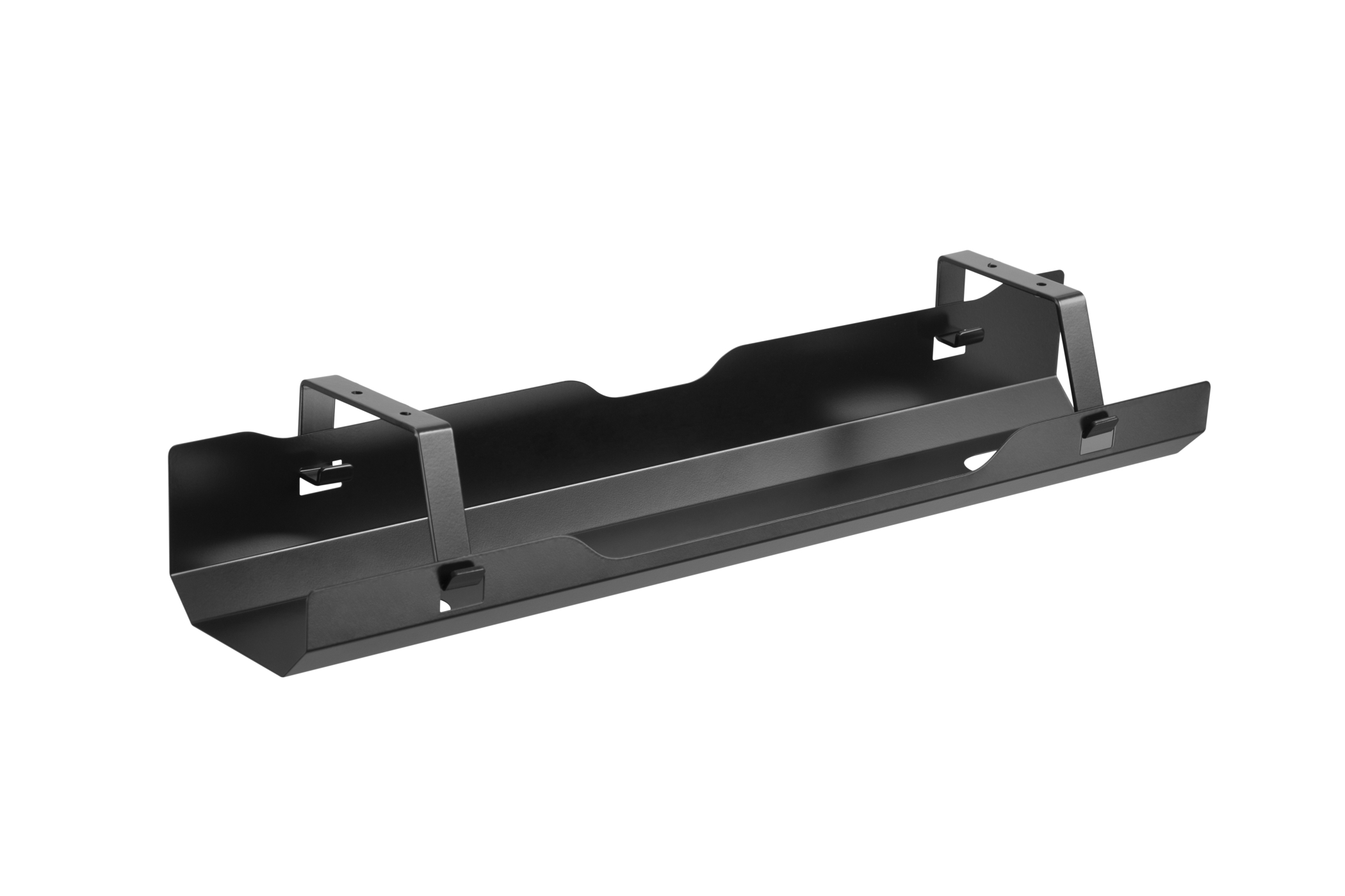Een zwarte metalen plank ontworpen om te worden gemonteerd, gezien vanuit een lichte hoek.