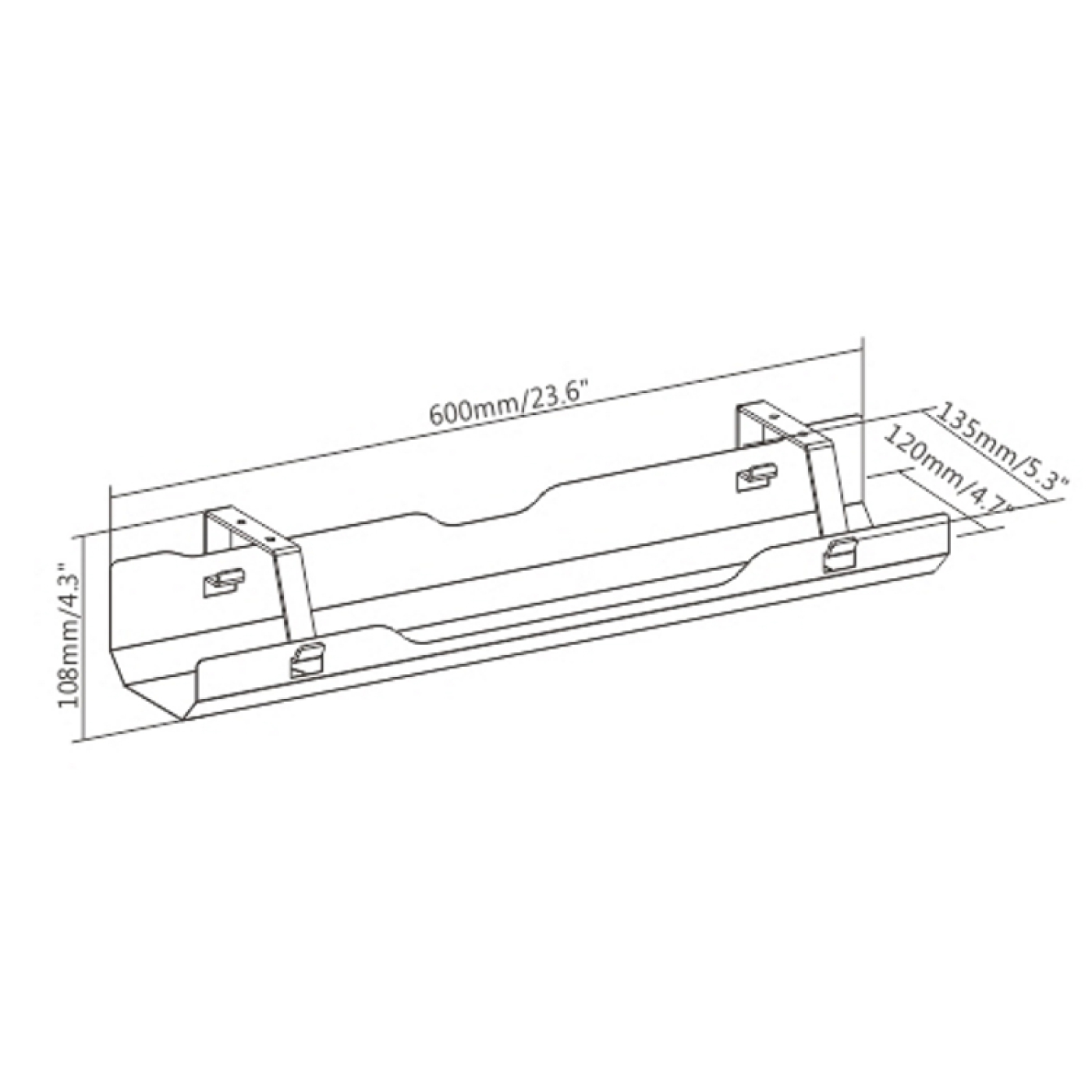 Diagram van een zwarte kabelgoot met afmetingen en montagegaten, tegen een witte achtergrond.
