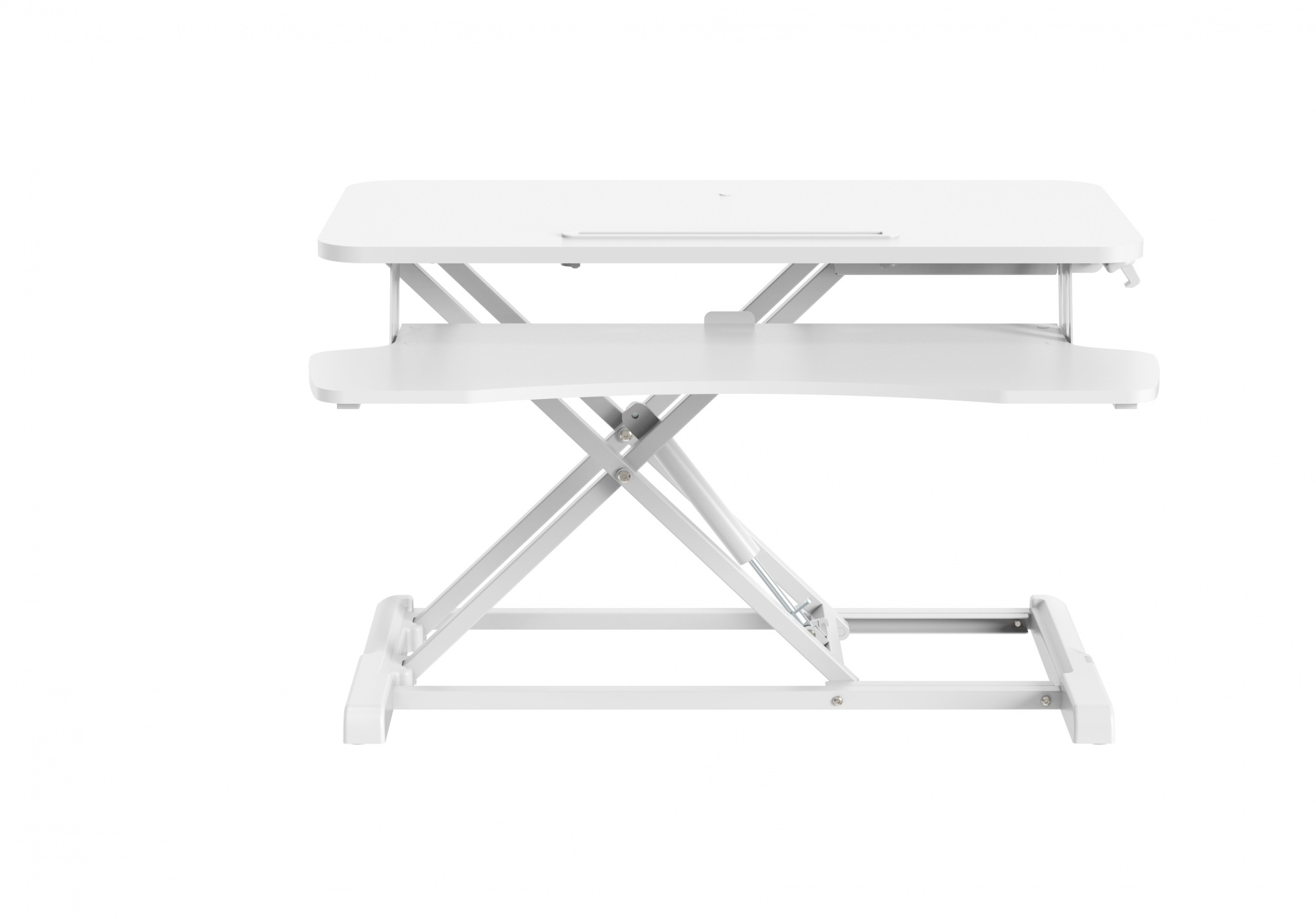 Een witte, staande bureau met twee niveaus. Het bovenste niveau is voor de monitor, de onderste voor het toetsenbord.