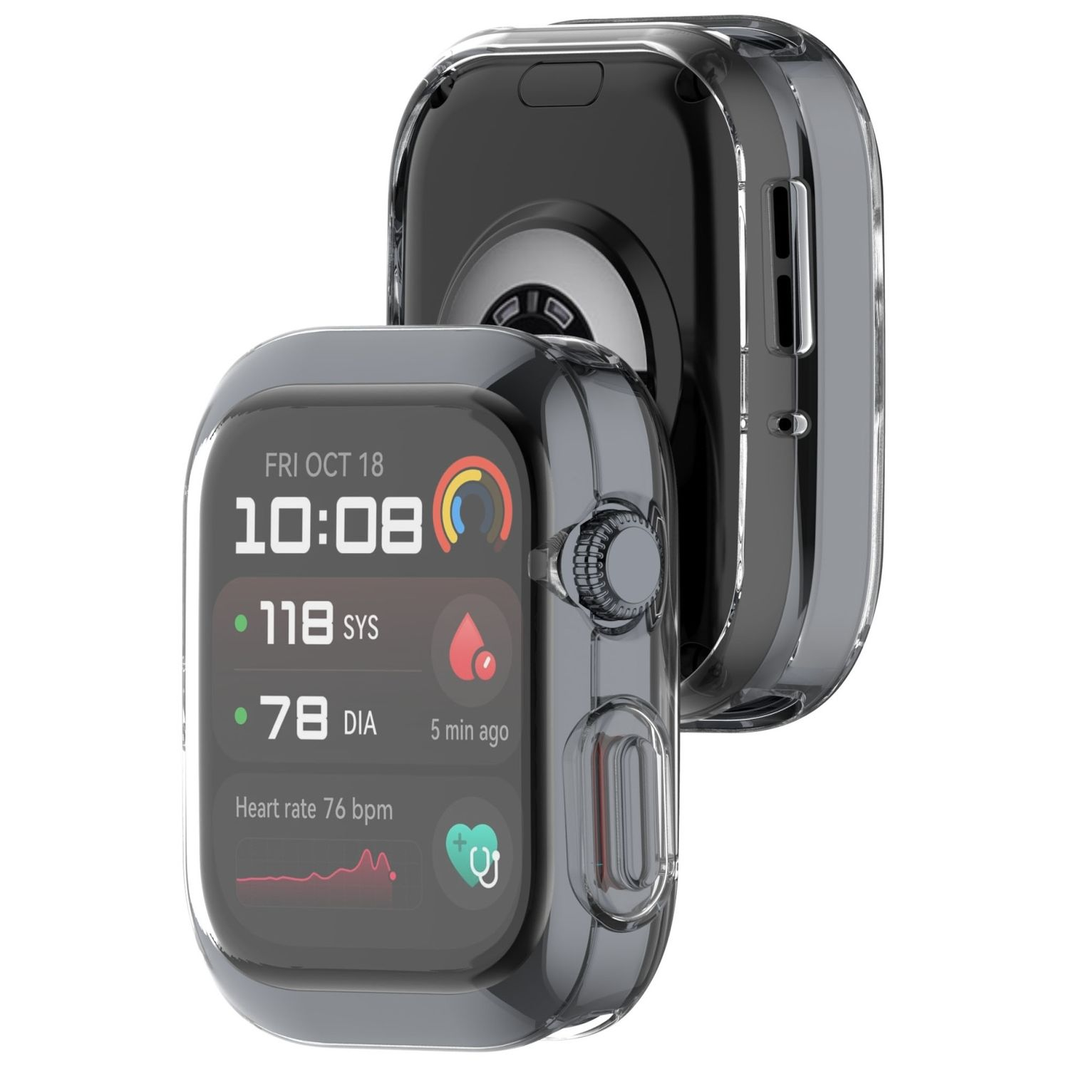 Smartwatch mit transparentem Gehäuse. Anzeige zeigt Herzfrequenz und Zeit.