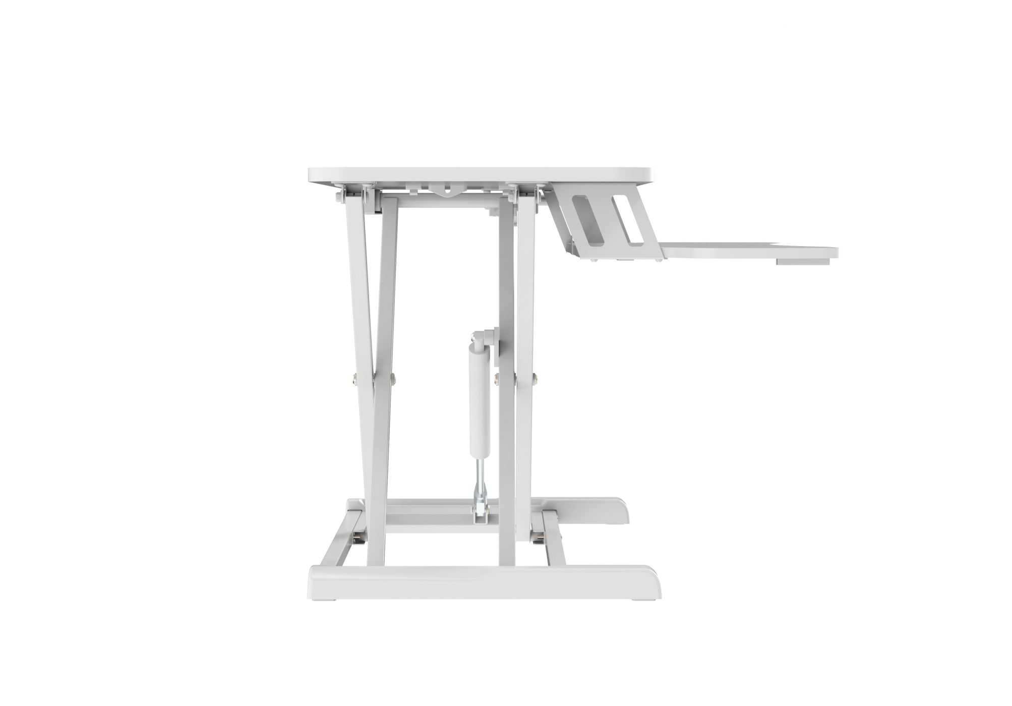 Witte staande bureau. Een kleine bijzettafel is bevestigd. Een witte achtergrond. Het bureau is verstelbaar.