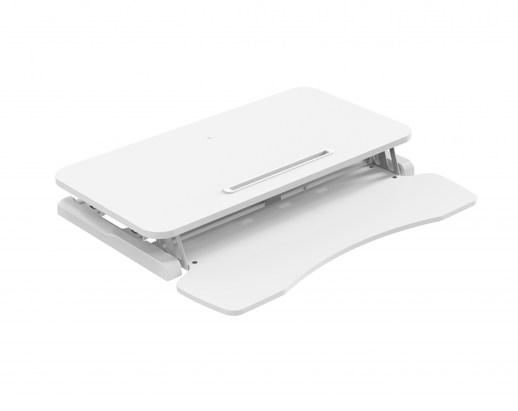 Witte staande bureau met toetsenbordlade. Witte achtergrond.
