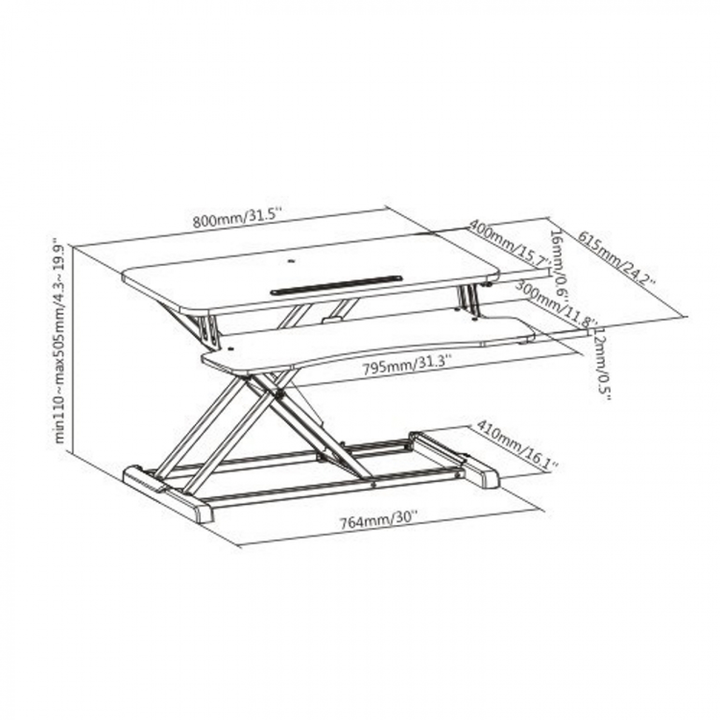 Een verstelbaar zit-sta bureau met afmetingen in millimeters en inches.