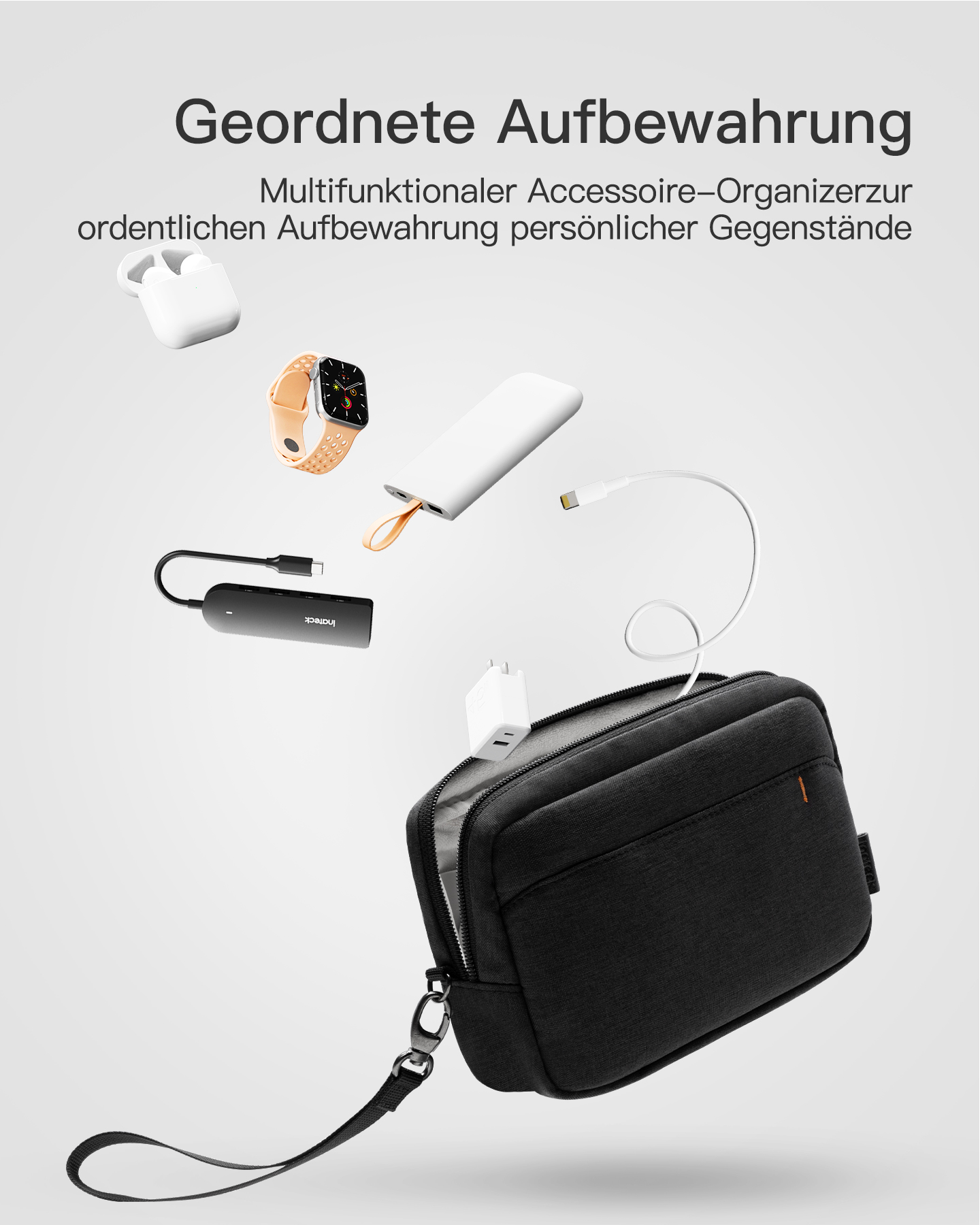 Eine schwarze Organizer-Tasche mit verschiedenen Accessoires, die darüber schweben, einschließlich einer Uhr und Kabeln.