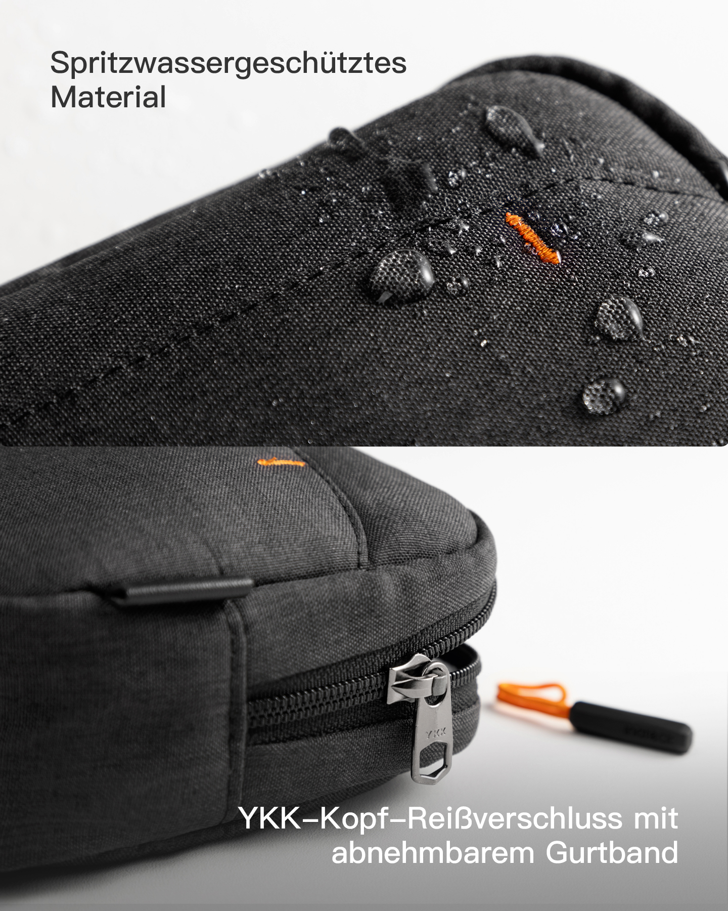 Nahaufnahme einer schwarzen Tasche mit Wassertropfen, Reißverschluss und orangefarbenem Zugband.