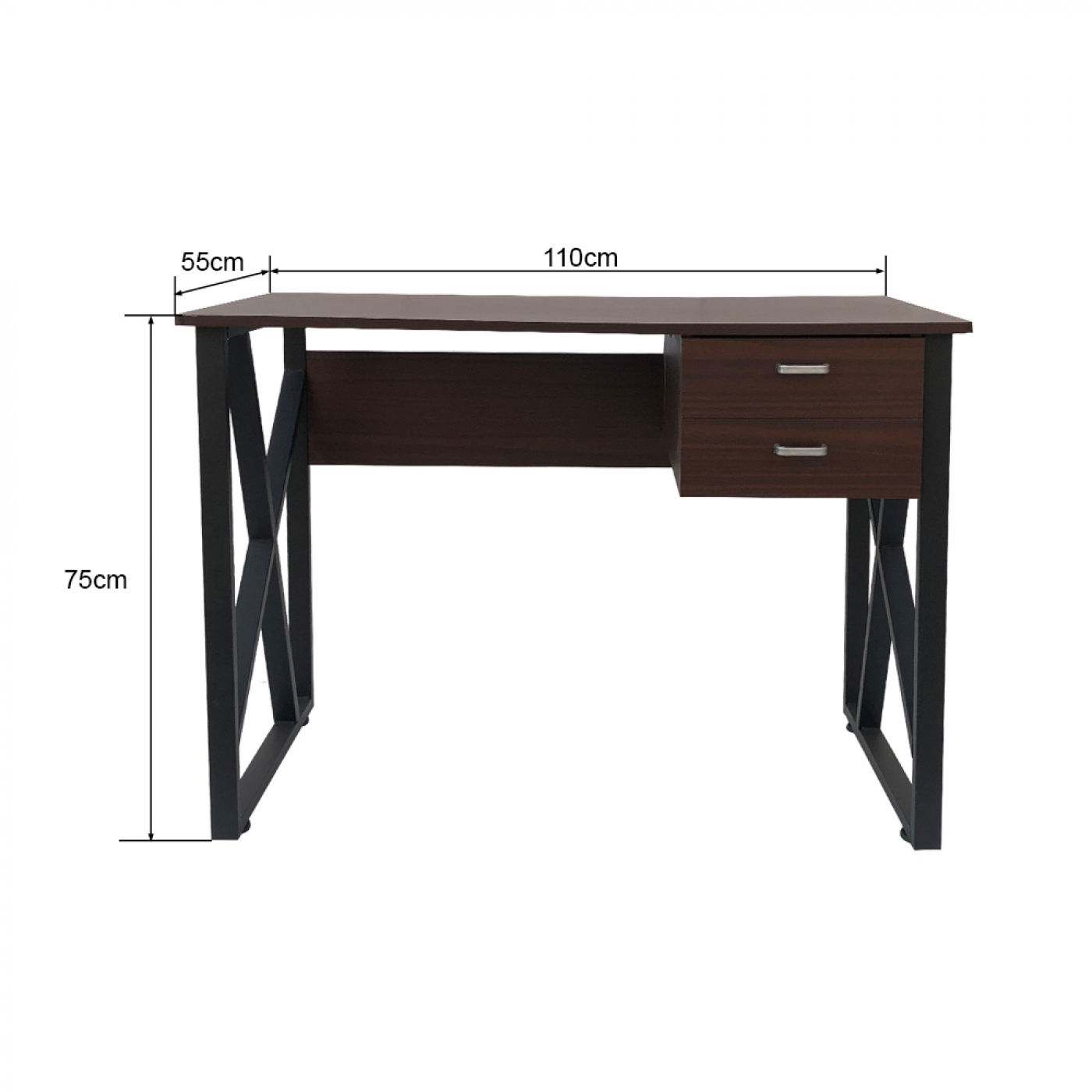Een bruin bureau met zwarte poten, met afmetingen in centimeters.