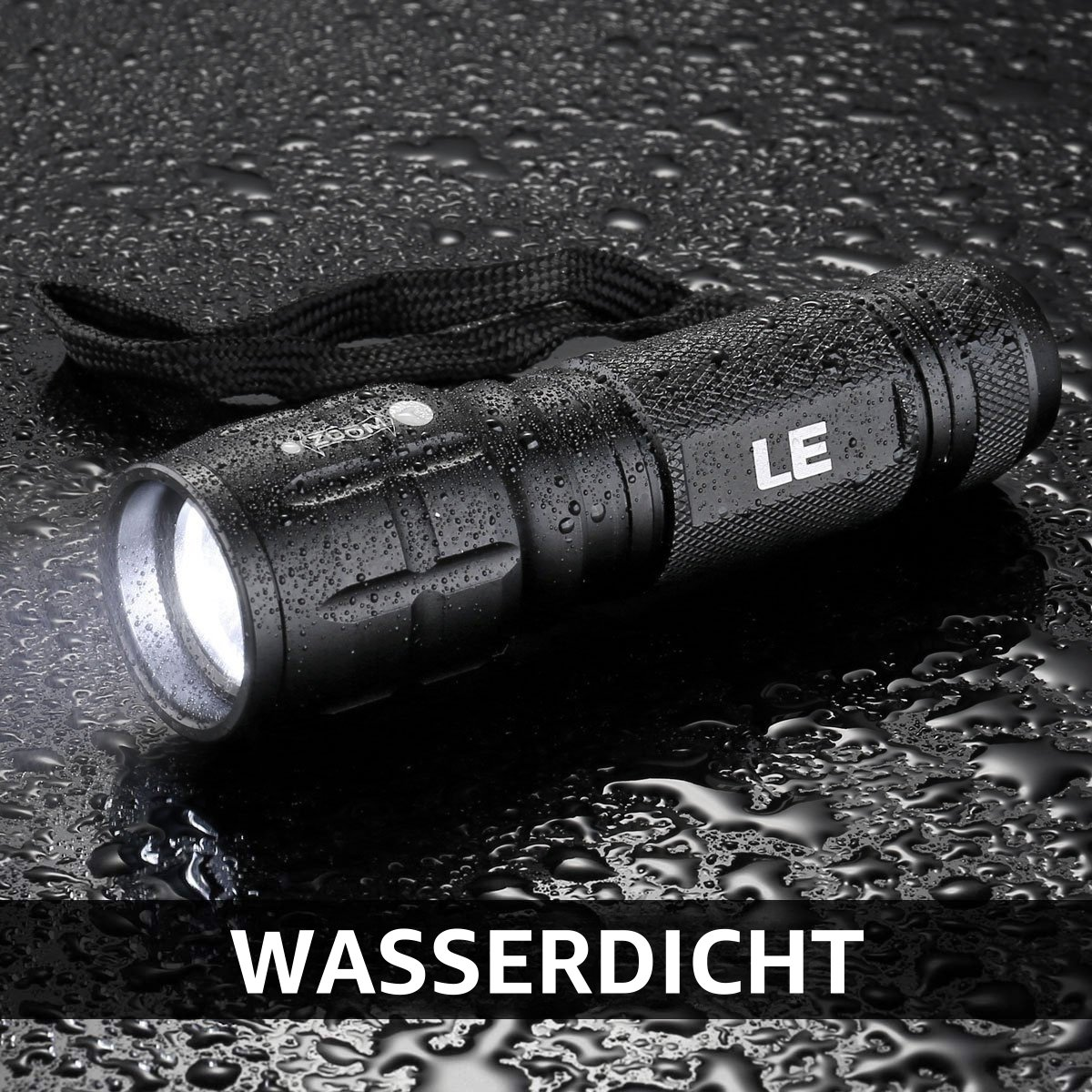Schwarze Taschenlampe mit hellem Licht, am unteren Rand steht 'WASSERDICHT'.