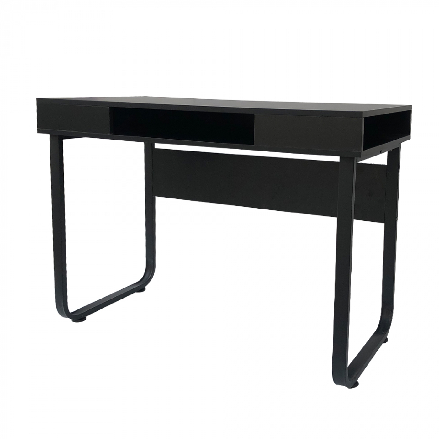 Schwarzer Schreibtisch mit ausgehöhlter Mitte und zwei Seitenfächern. Es hat ein modernes Design.