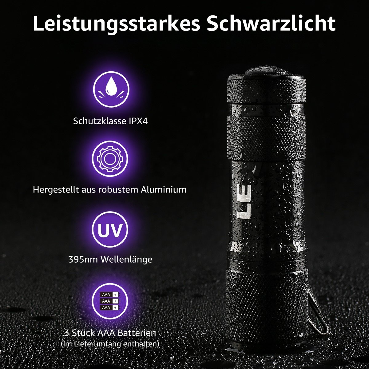 Eine schwarze UV-Taschenlampe mit Informationssymbolen: Wasser, Zahnrad, UV, Batterien.