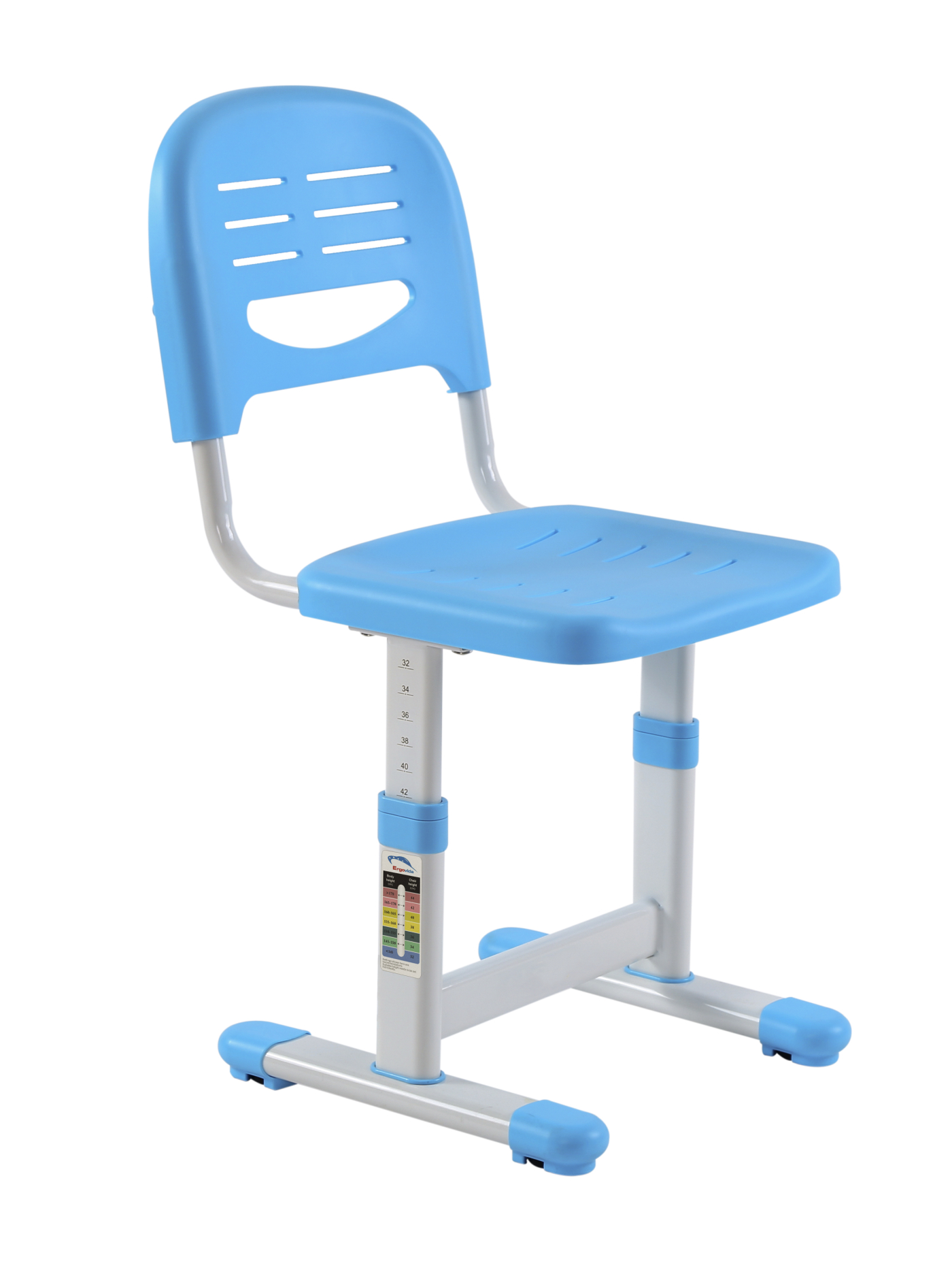 Blauwe en witte verstelbare kinderstoel, met een smiley op de rugleuning, geïsoleerd op wit.