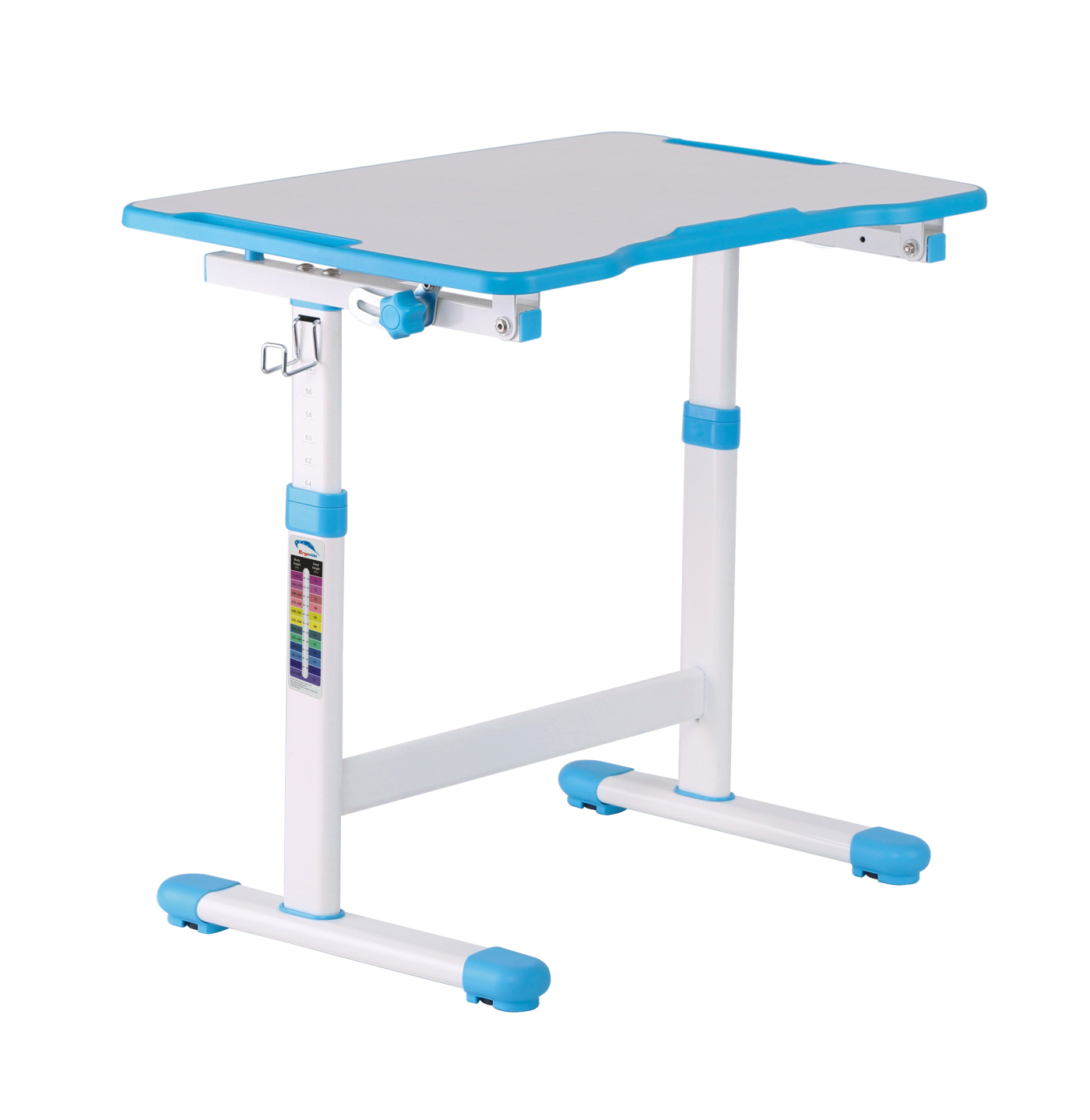 Verstelbaar wit en blauw bureau met een grijs bureaublad, geschikt voor kinderen.