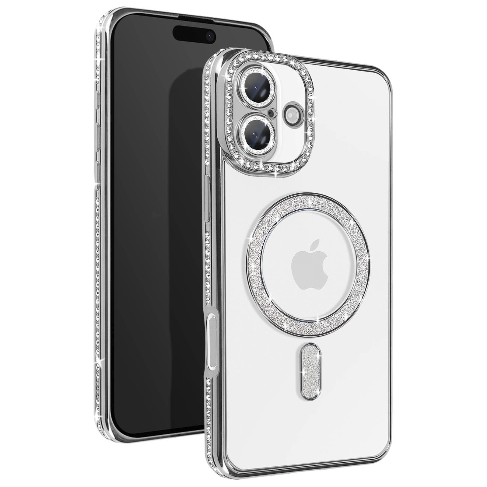 Una custodia trasparente per telefono con abbellimenti lucenti su un telefono bianco. Il telefono ha uno schermo nero.