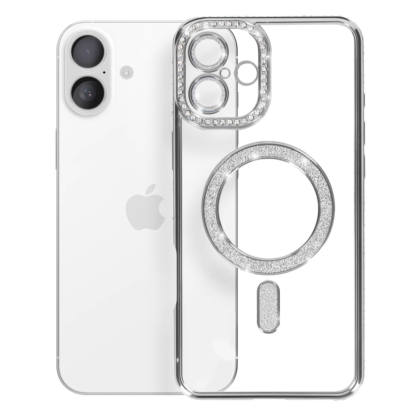 iPhone bianco con custodia trasparente impreziosita da cristalli attorno alla fotocamera e alla porta di ricarica.