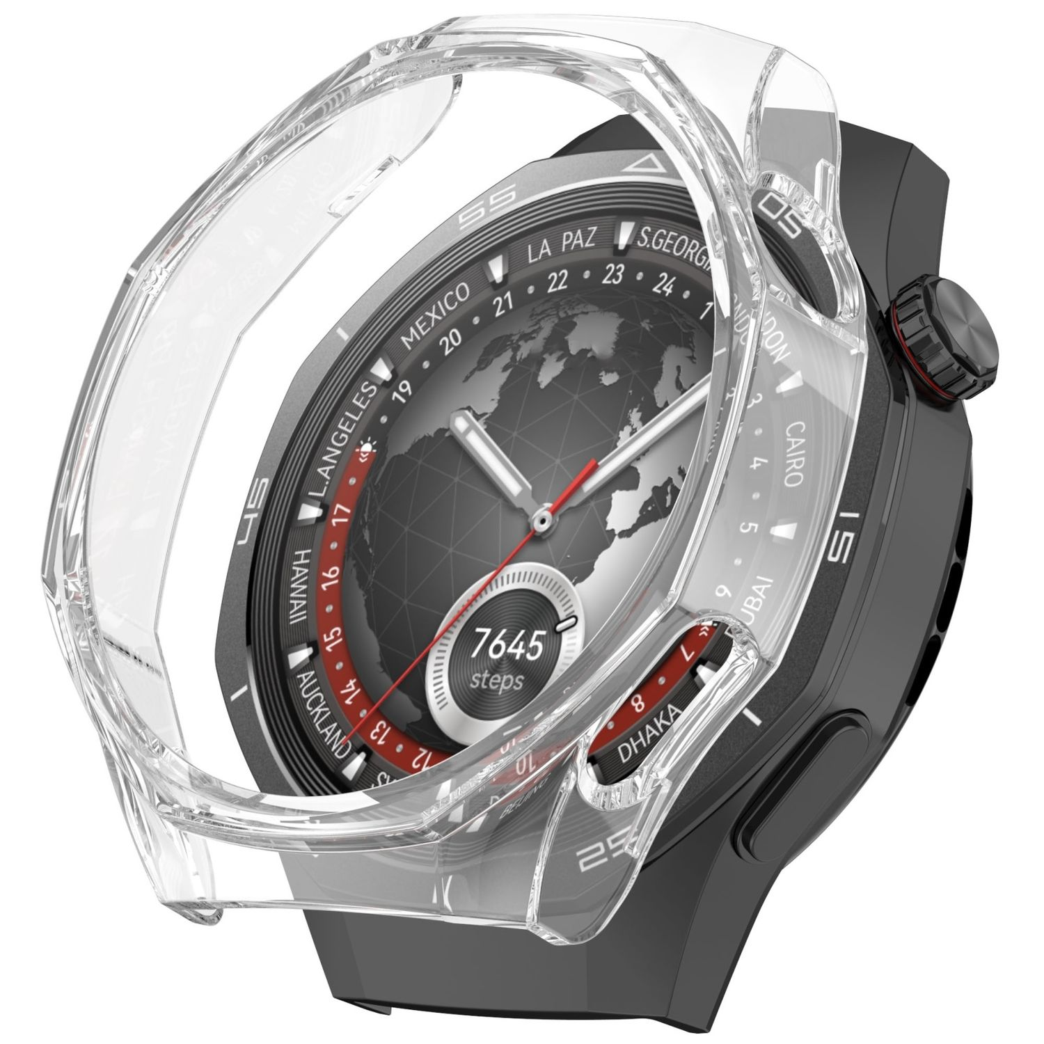 Smartwatch nero con protezione trasparente. Mostra mappa del mondo, ora e conteggio dei passi. Accento rosso.