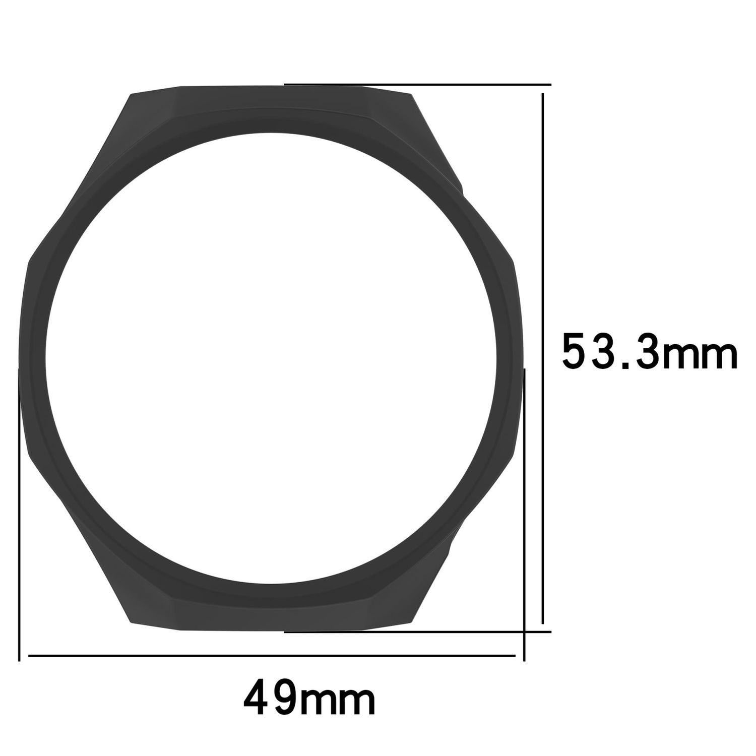Cornice per smartwatch nera. È circolare con la parte superiore piatta e misura 49 mm x 53,3 mm.