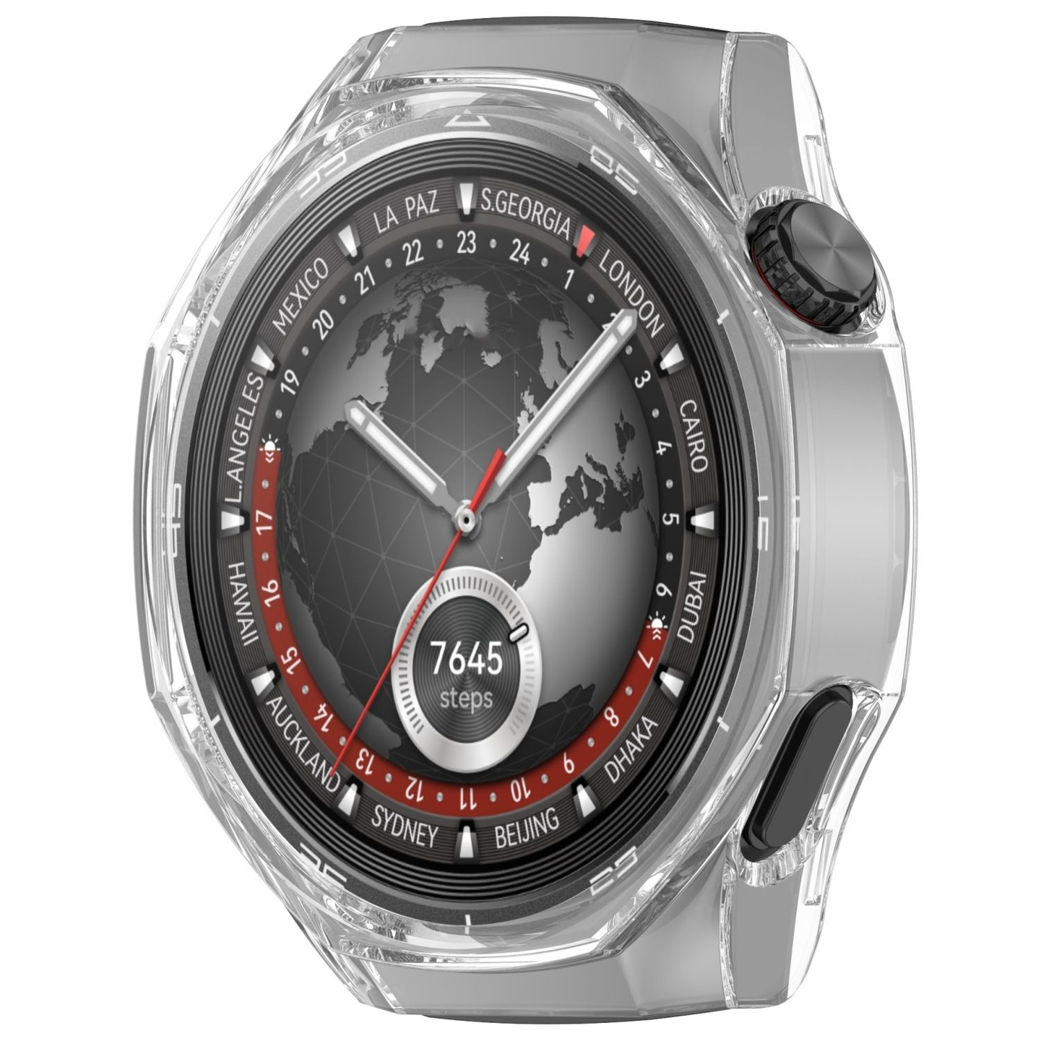 Smartwatch argento e nero che mostra l'ora mondiale, i passi e una lunetta trasparente.