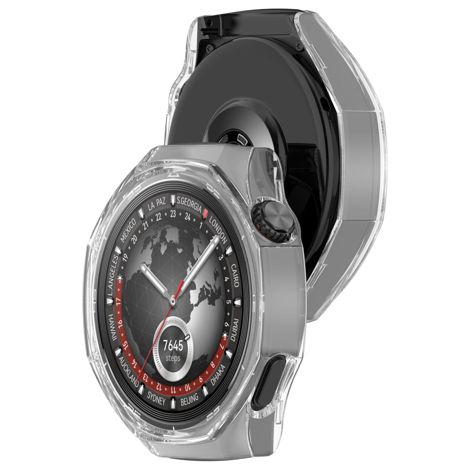 Smartwatch in una custodia trasparente con una mappa del mondo sul quadrante, che mostra varie città.