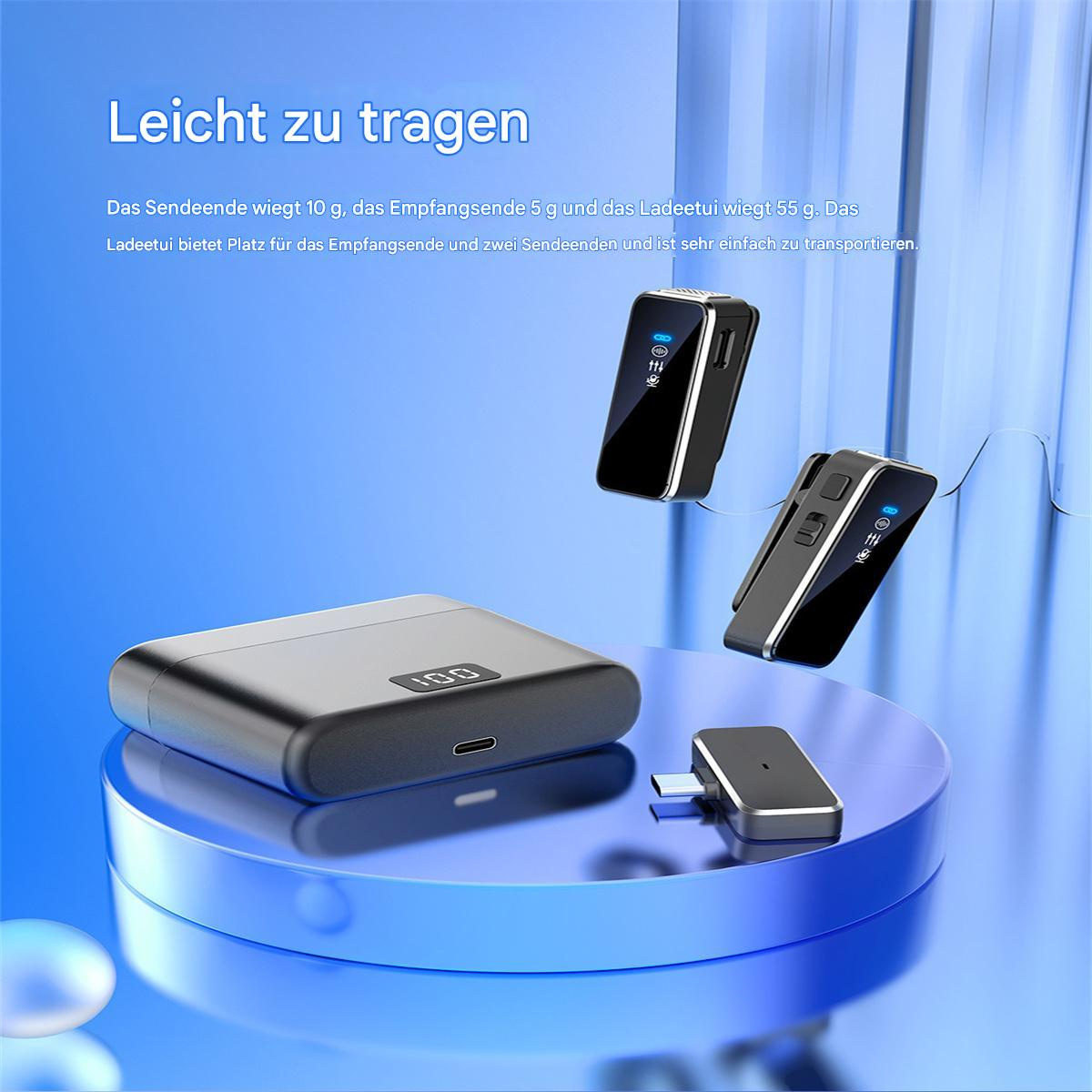 Drahtlose Audiogeräte und ein Ladekoffer auf blauer Oberfläche. Text auf Deutsch beschreibt das Produkt.