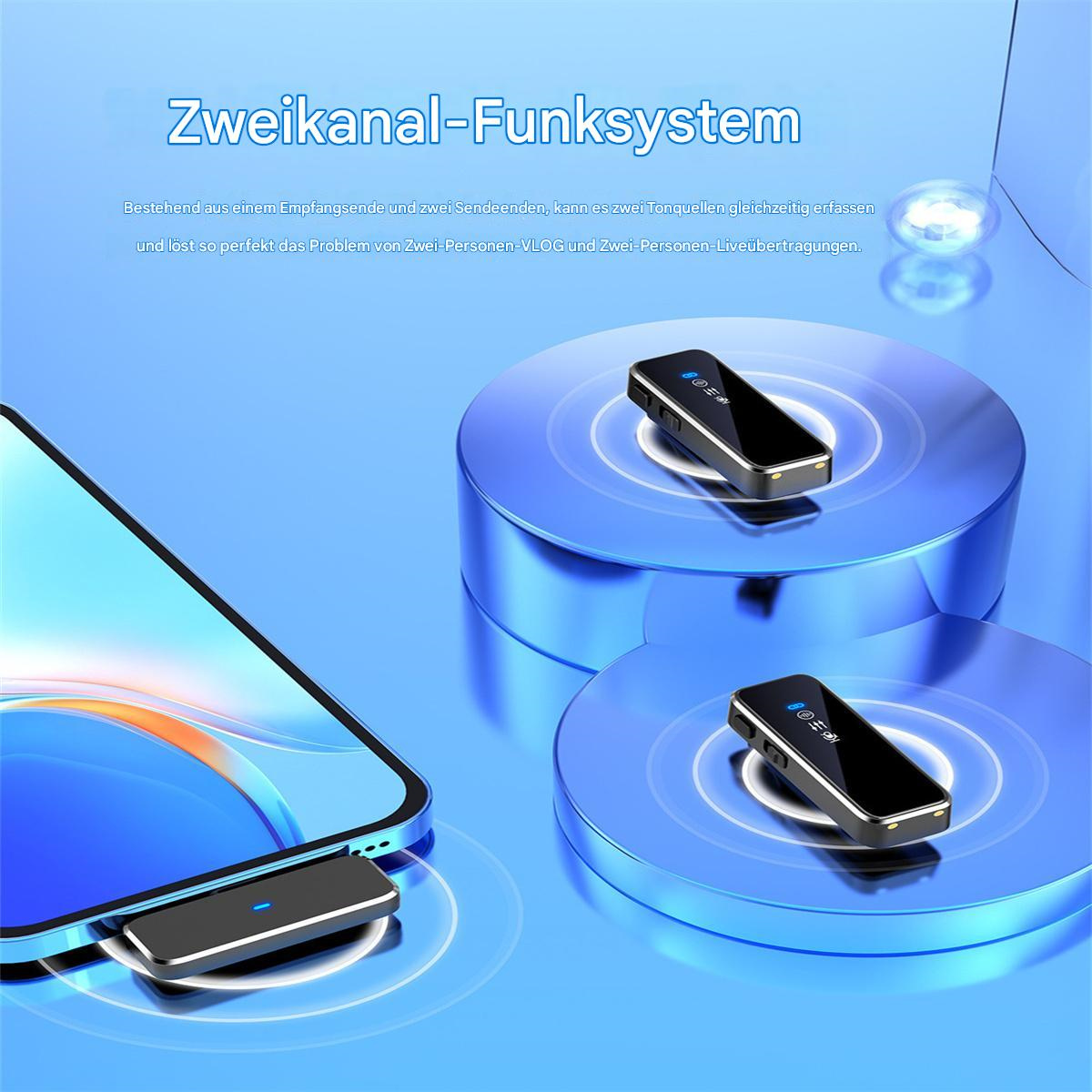 Zwei kleine schwarze Mikrofone auf blauen Podesten, mit einem Telefon im Hintergrund.
