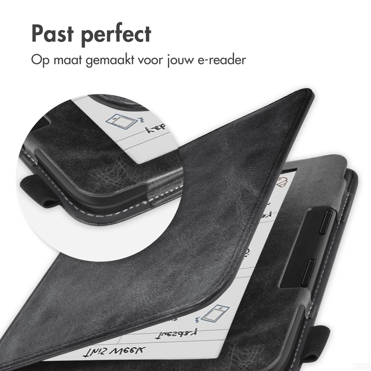 Zwarte leren e-reader hoes open, met een close-up van de binnenkant.