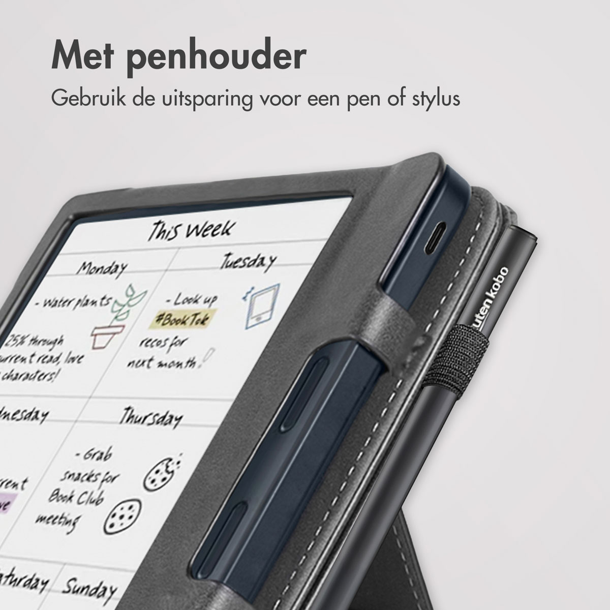 Een Kobo e-reader in een hoesje met een pen. Het scherm toont een weekplanner.