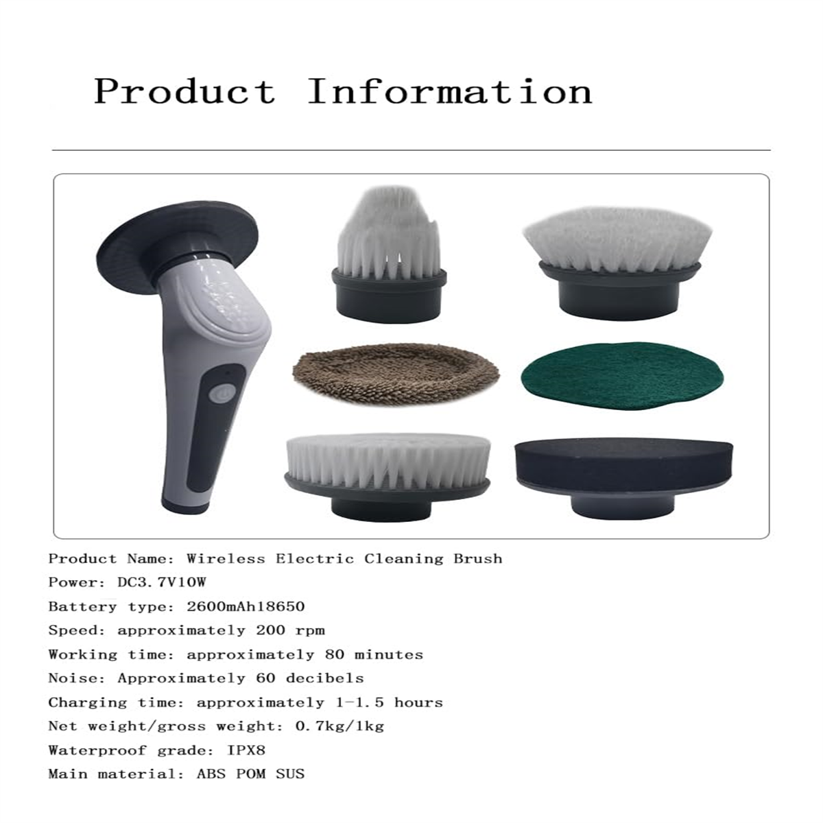 Produktinformationsblatt mit einer Reinigungsbürste und verschiedenen Aufsätzen. Der Text enthält Produktdetails.