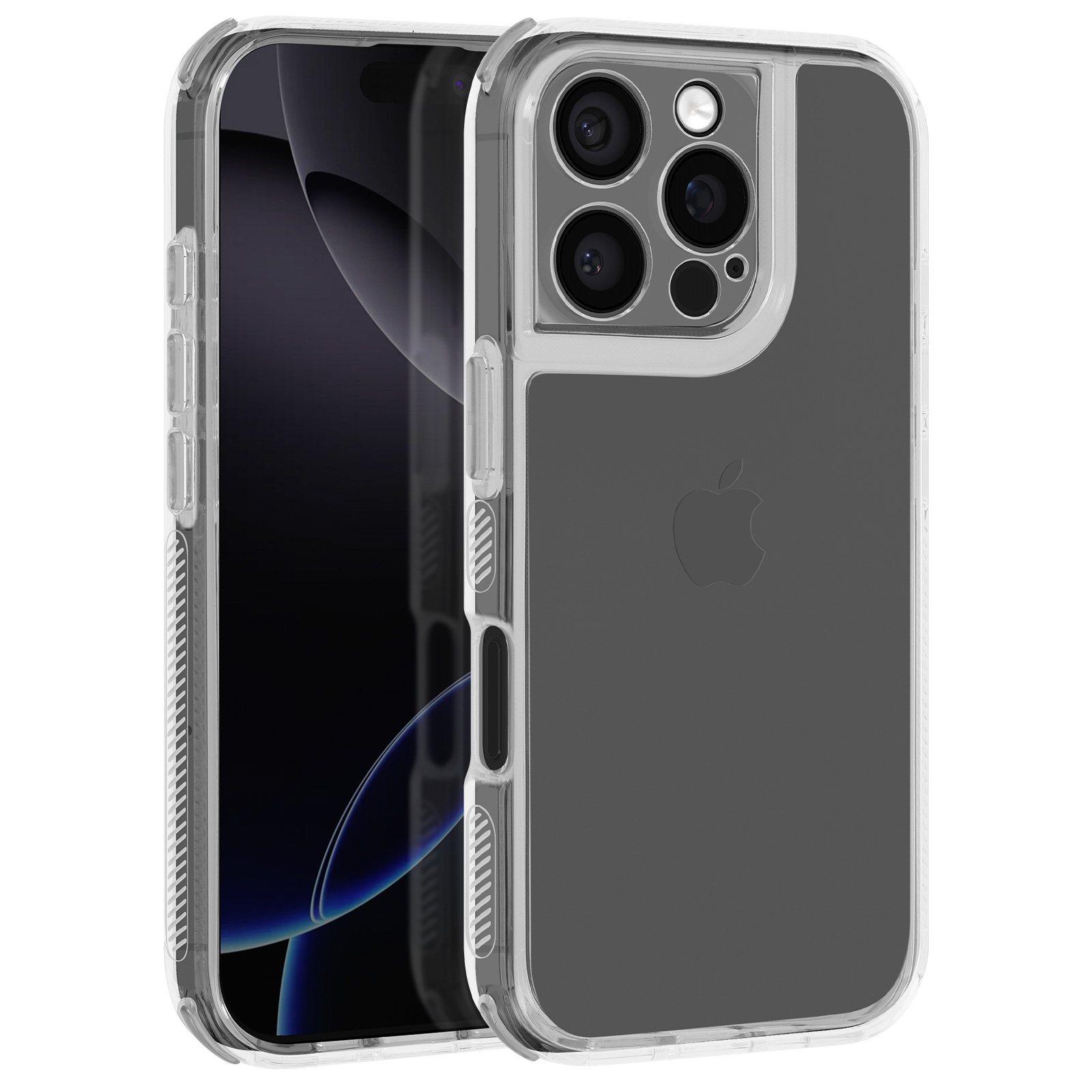 Una custodia trasparente per telefono con un telefono all'interno. Il telefono ha uno schermo nero e una fotocamera.