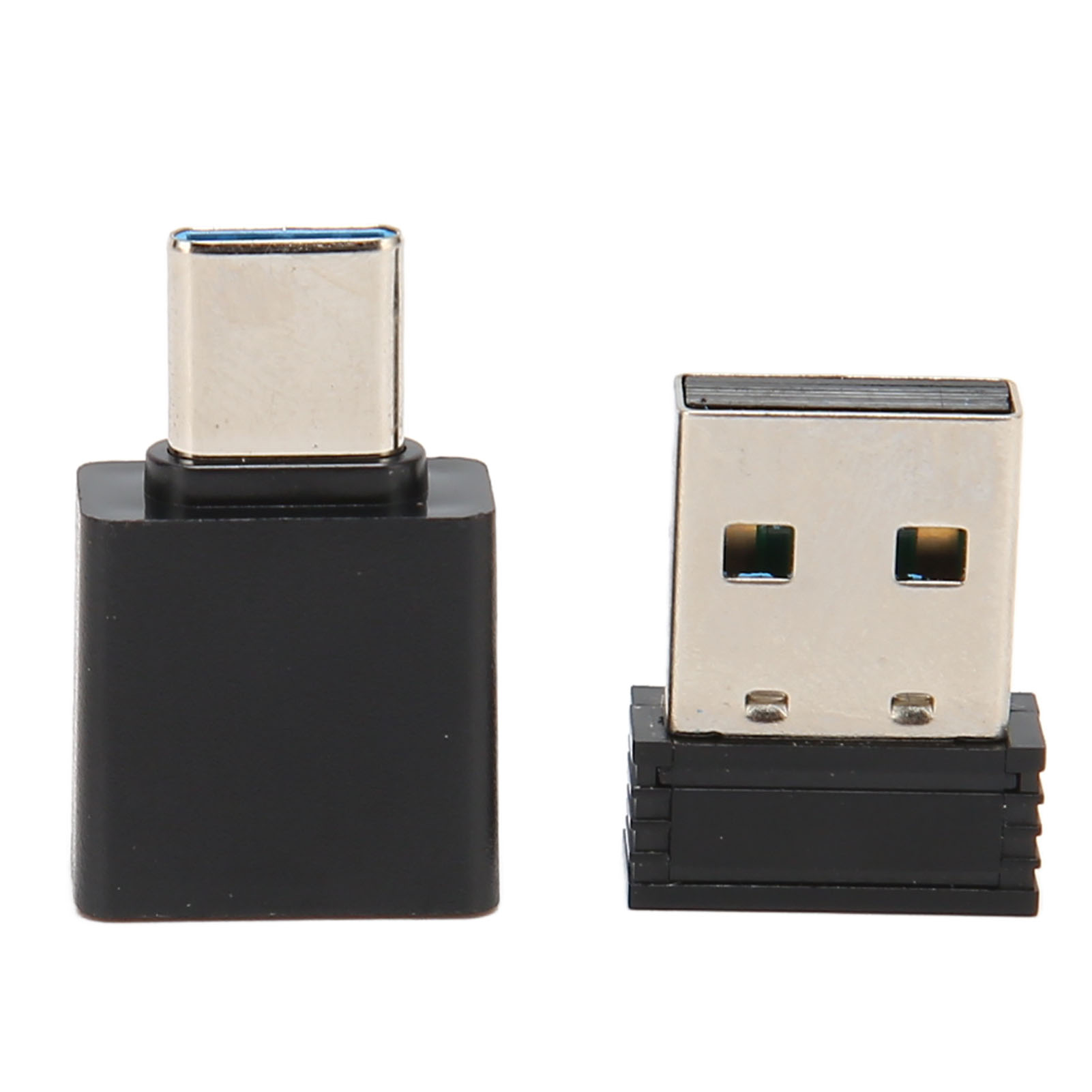 Zwei schwarze USB-Adapter, einer mit USB-C-Anschluss und einer mit USB-Anschluss.