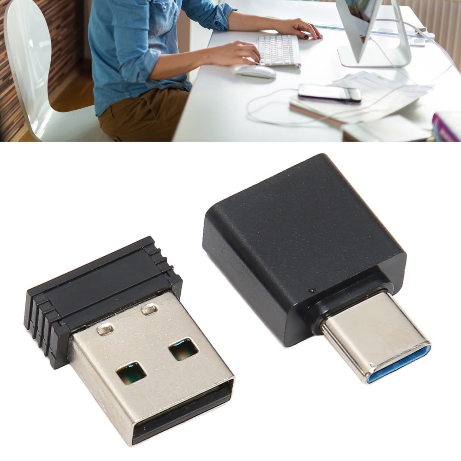 Zwei USB-Adapter. Einer ist USB-A zu USB-C, der andere ist USB-A.