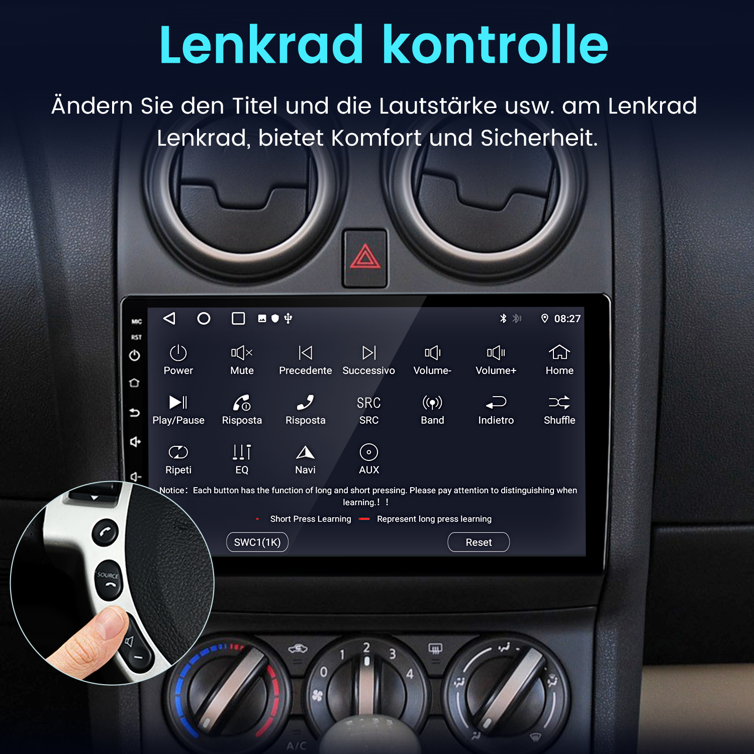 Autoradio-Bedienfeld mit Knöpfen, Bildschirm. Eine Hand zeigt auf die Taste.