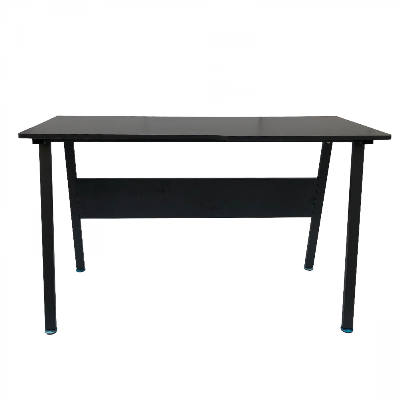 Een zwart bureau op een witte achtergrond. Het bureau heeft een eenvoudig ontwerp en vier poten.