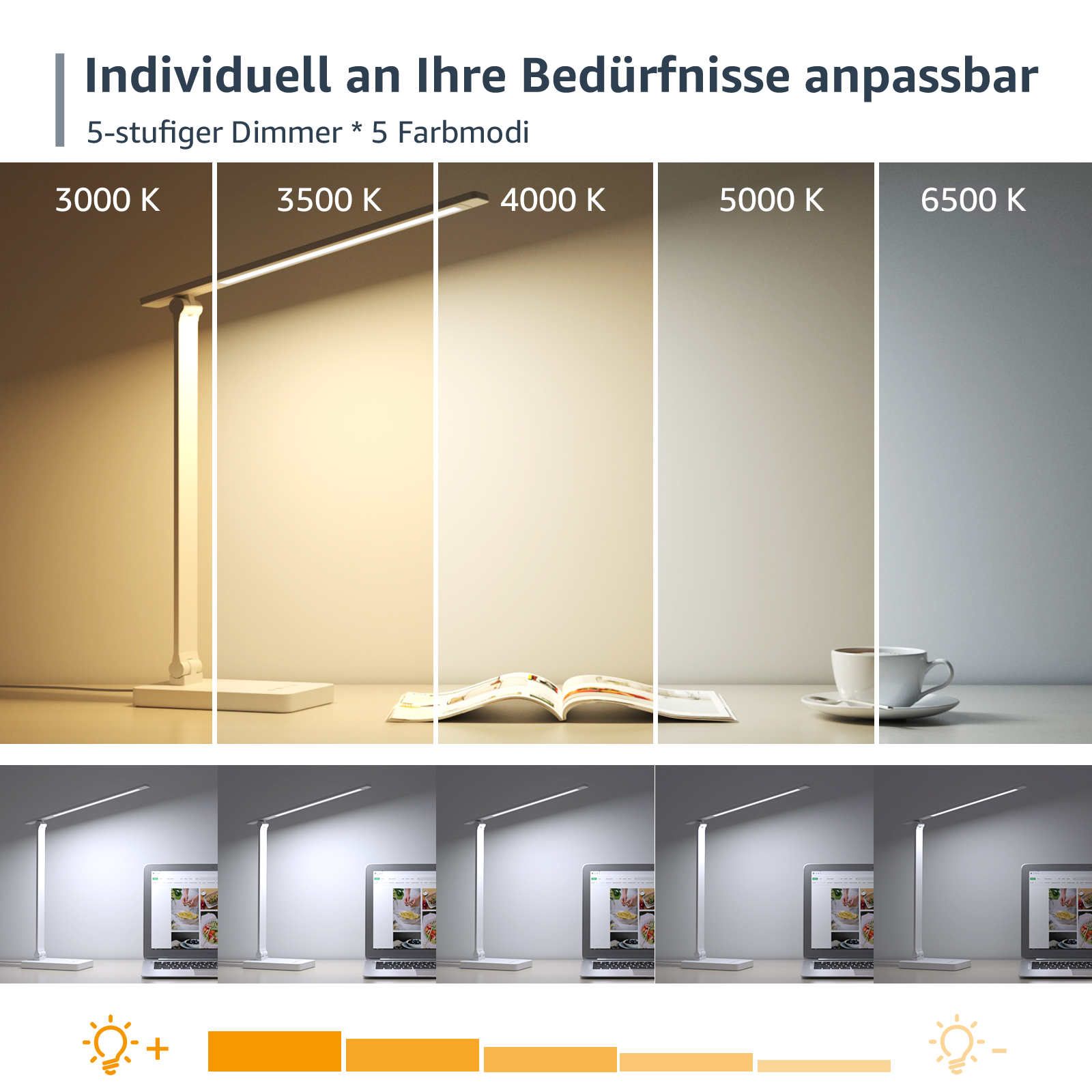 Eine Schreibtischlampe mit einstellbaren Farbtemperaturen und Dimmstufen, in verschiedenen Einstellungen gezeigt.