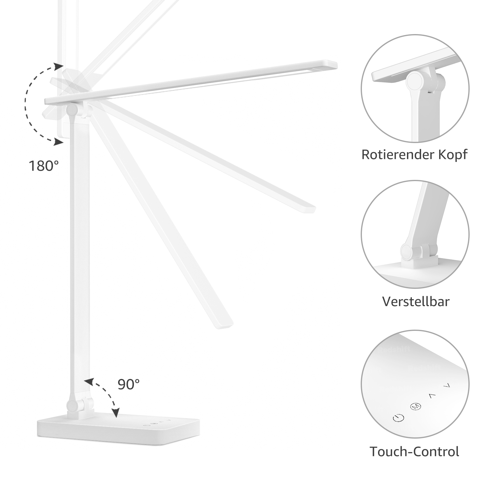 Weiße, verstellbare LED-Schreibtischlampe mit verstellbarem Kopf und Touch-Bedienelementen. Weißer Hintergrund.