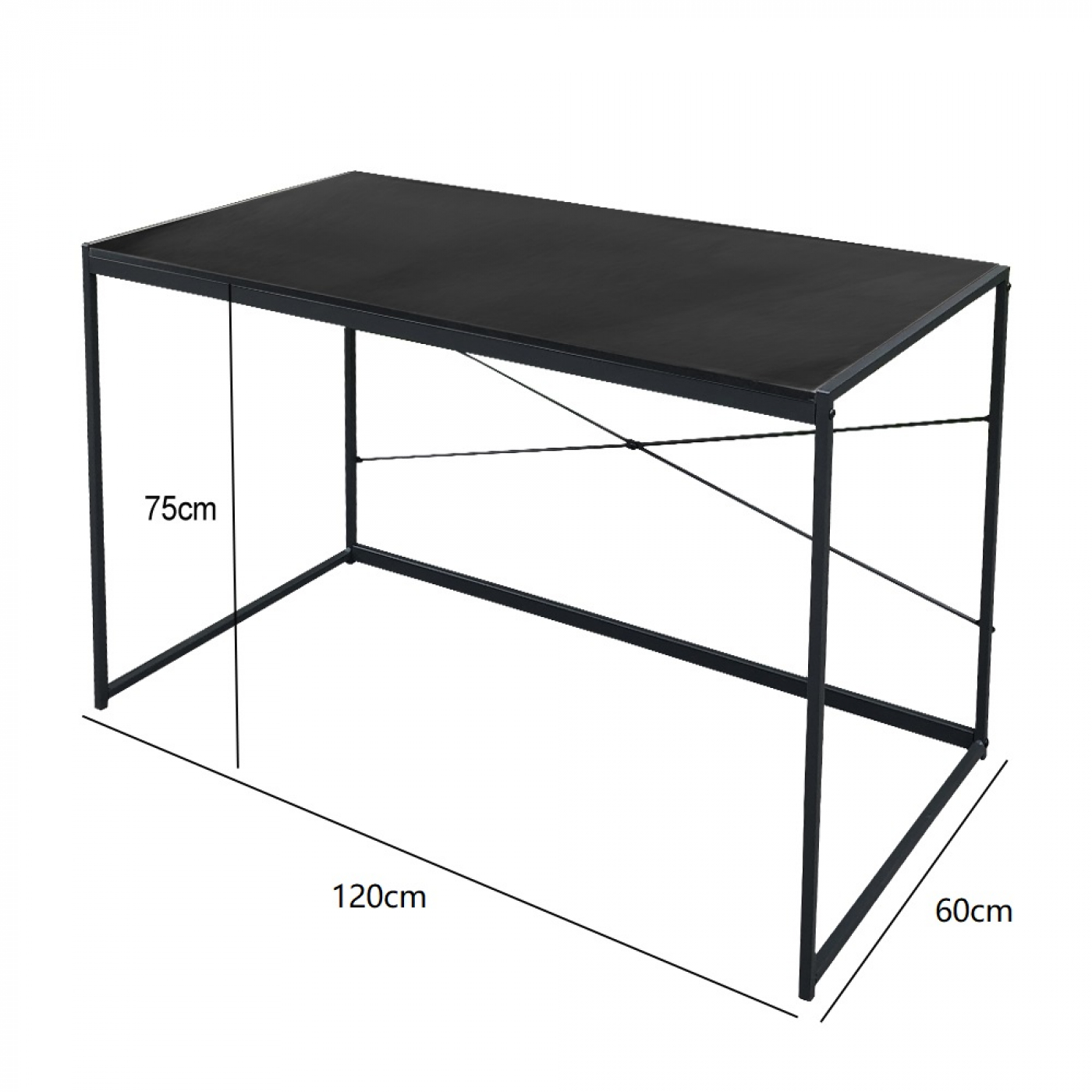 Zwart bureau met zwart frame. Afmetingen: 120 cm lang, 60 cm breed en 75 cm hoog.