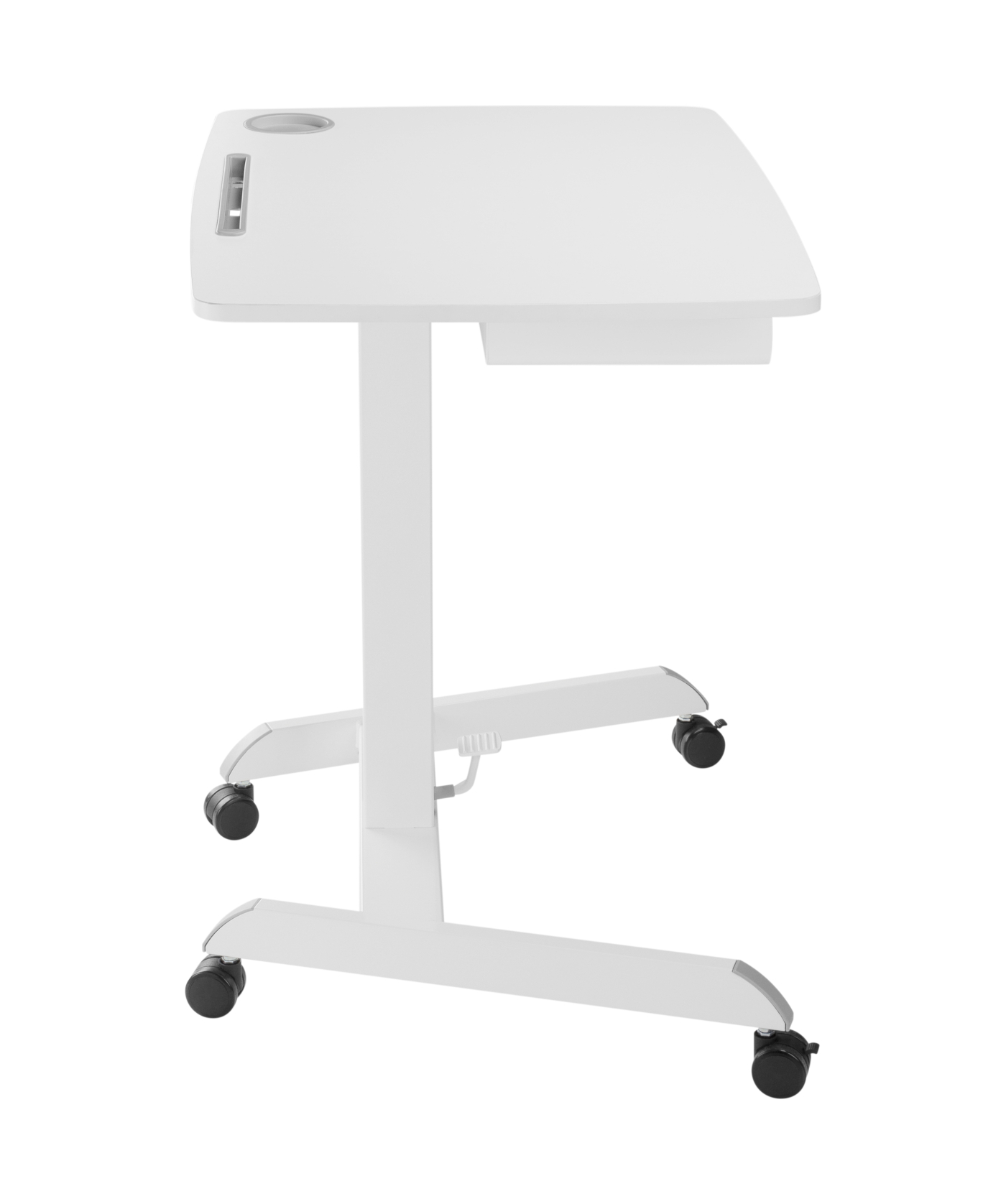 Witte mobiele desk op wielen. Met bekerhouder en lade. Geïsoleerd op wit.